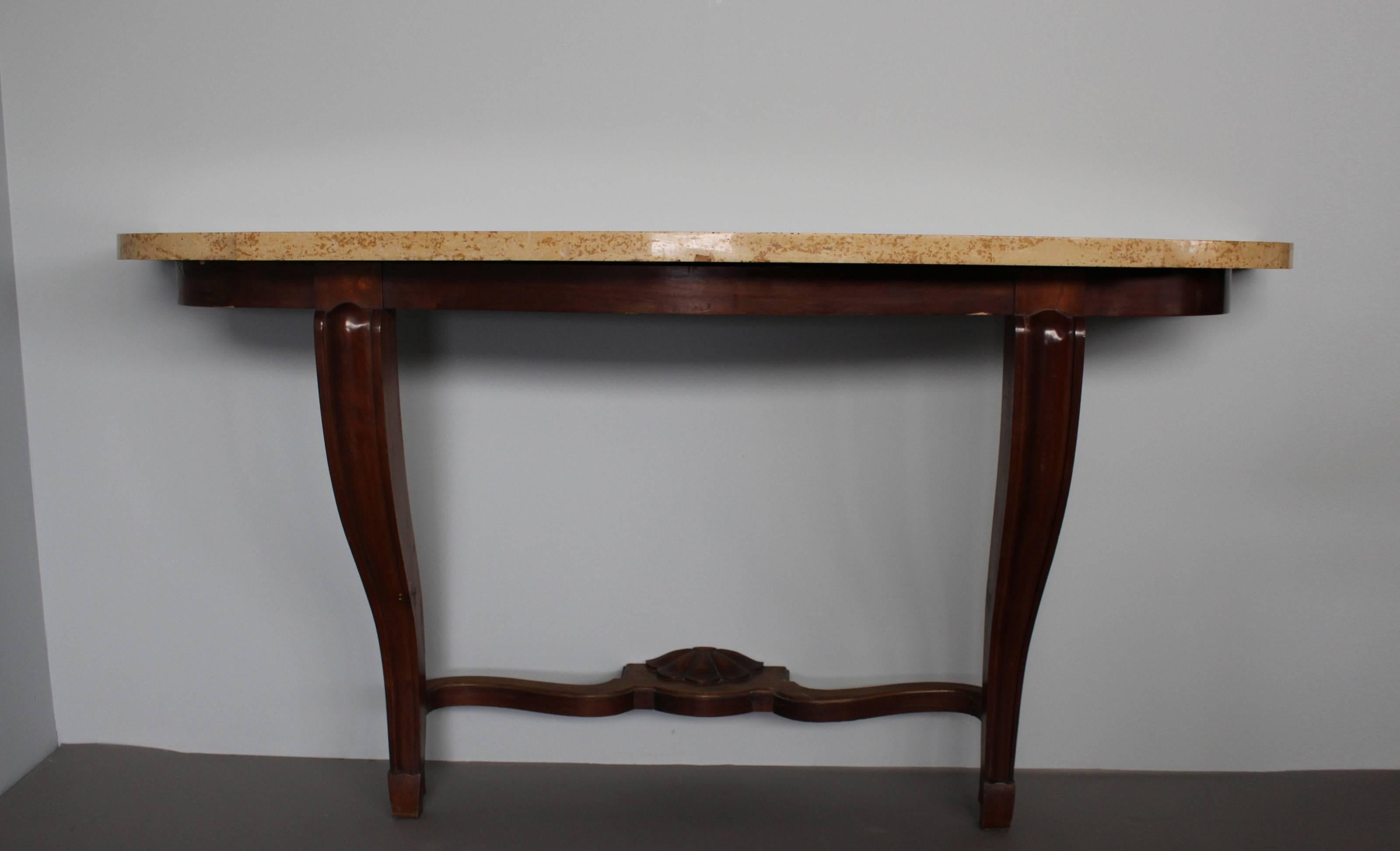 Fine French Art Deco mahogany console with a marble top in the manner of Arbus in a Neoclassical style.
A matching dining table and 12 chairs are also available - see pictures -