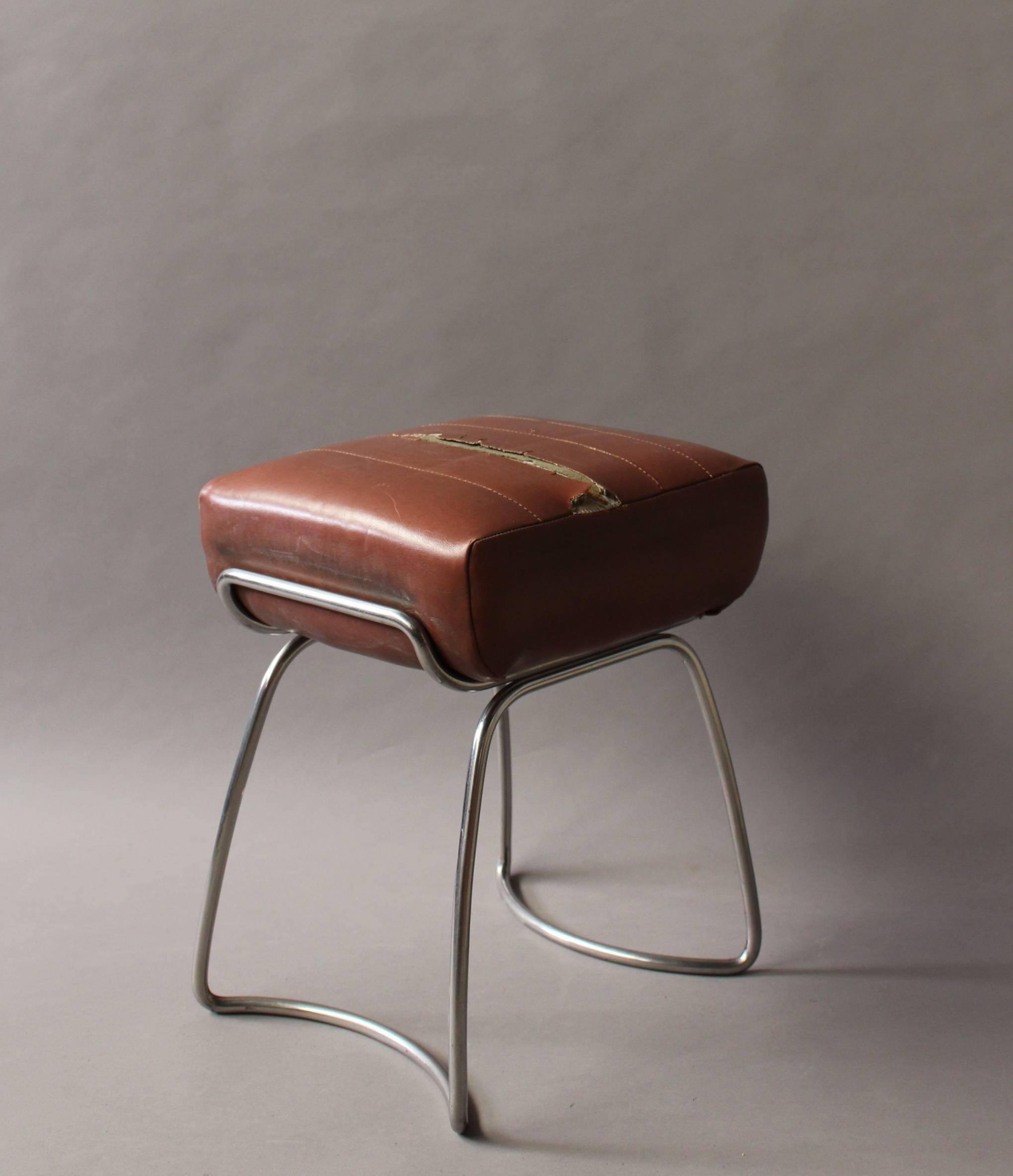 Six French 1940s Tubular Chromed Base Stools In Good Condition In Long Island City, NY