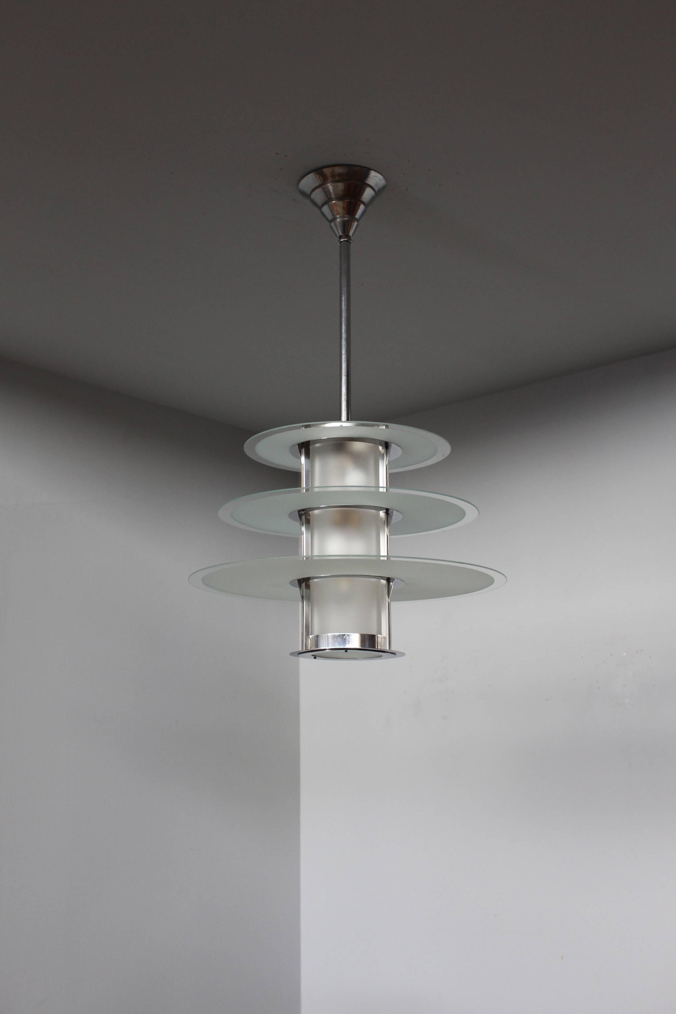 A Fine French 1930's Chrome and Glass Modernist Chandelier by Genet et Michon 3