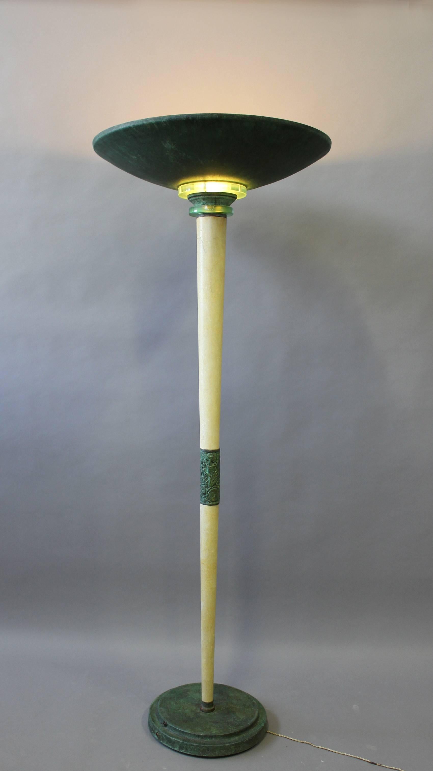 Large fine French Art Deco patina-ed wood and metal floor lamp attributed to Genet et Michon.