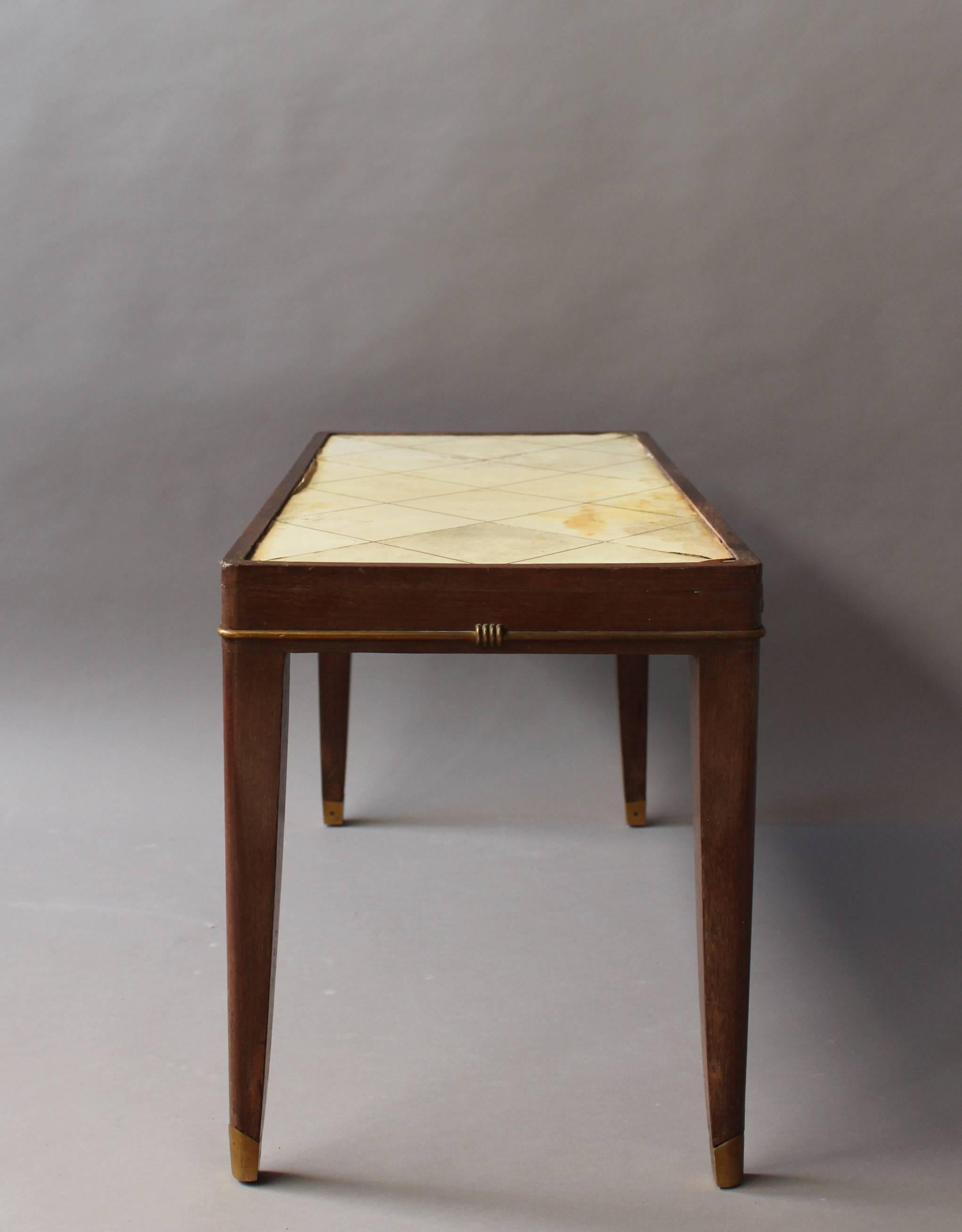 Mid-20th Century Fine French Art Deco Mahogany Low Table with a Parchment Top and Bronze Detail For Sale