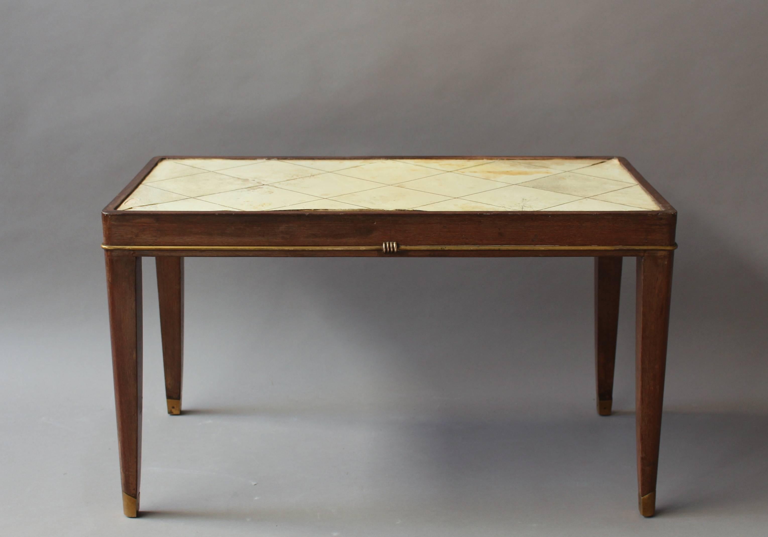 Fine French Art Deco Mahogany Low Table with a Parchment Top and Bronze Detail In Fair Condition For Sale In Long Island City, NY