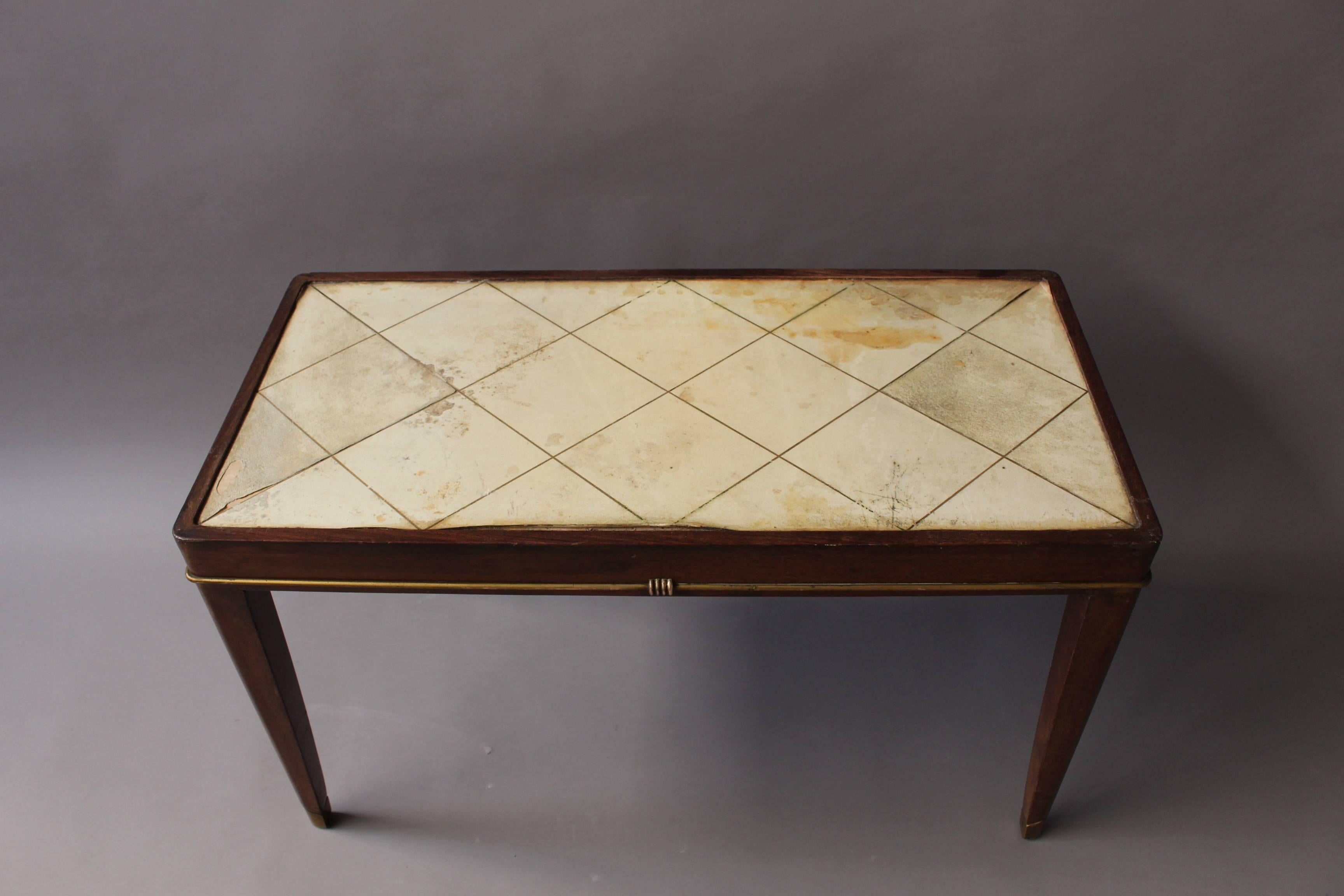 Fine French Art Deco Mahogany Low Table with a Parchment Top and Bronze Detail For Sale 1