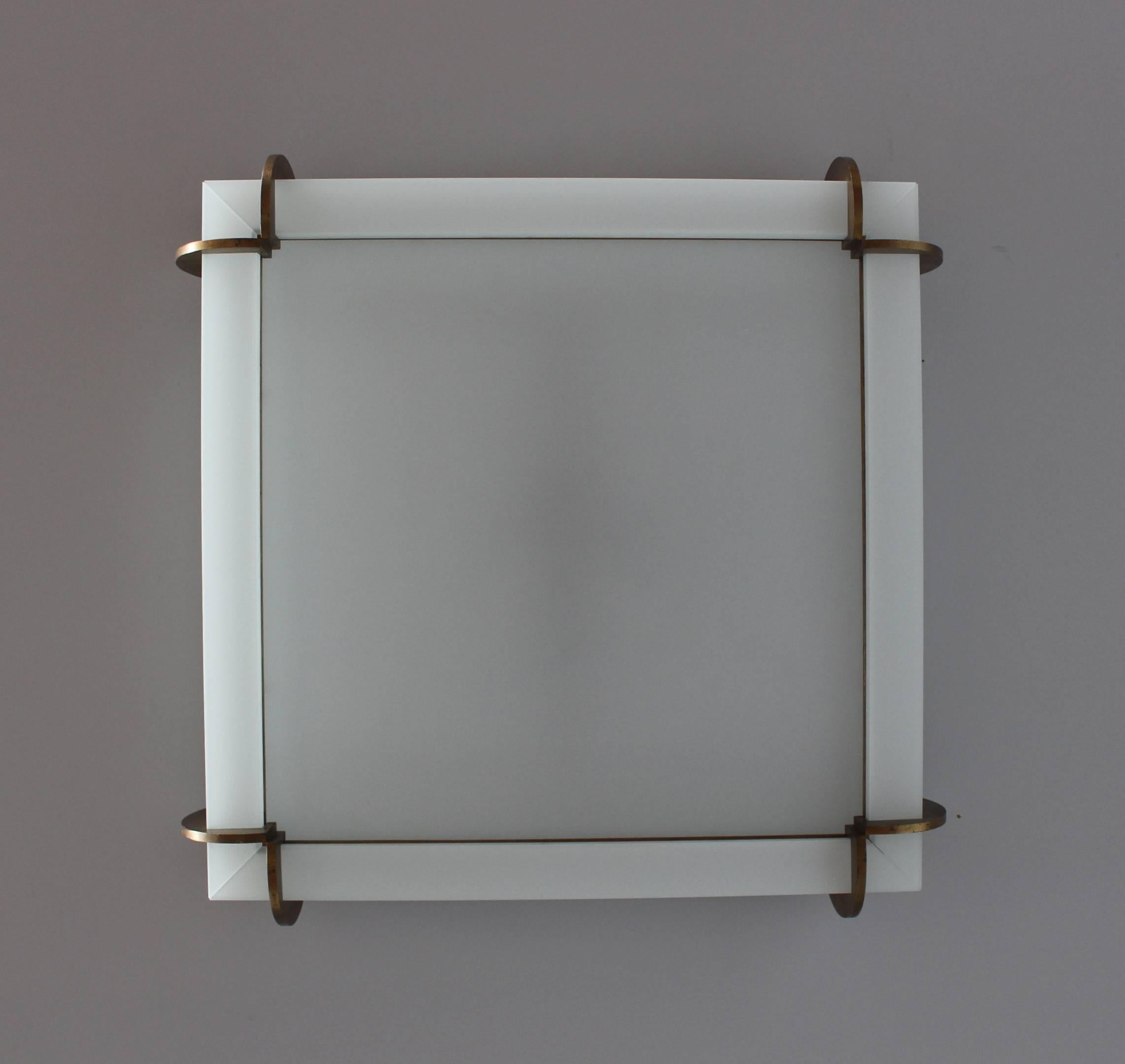 A Fine Large French Art Deco Bronze and Glass Square Flush Mount by Jean Perzel 1