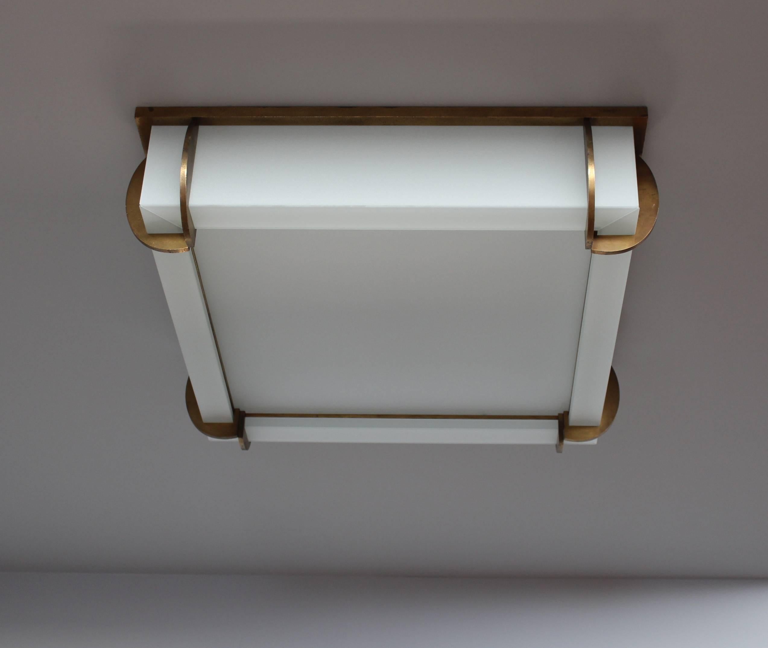 Mid-20th Century A Fine Large French Art Deco Bronze and Glass Square Flush Mount by Jean Perzel