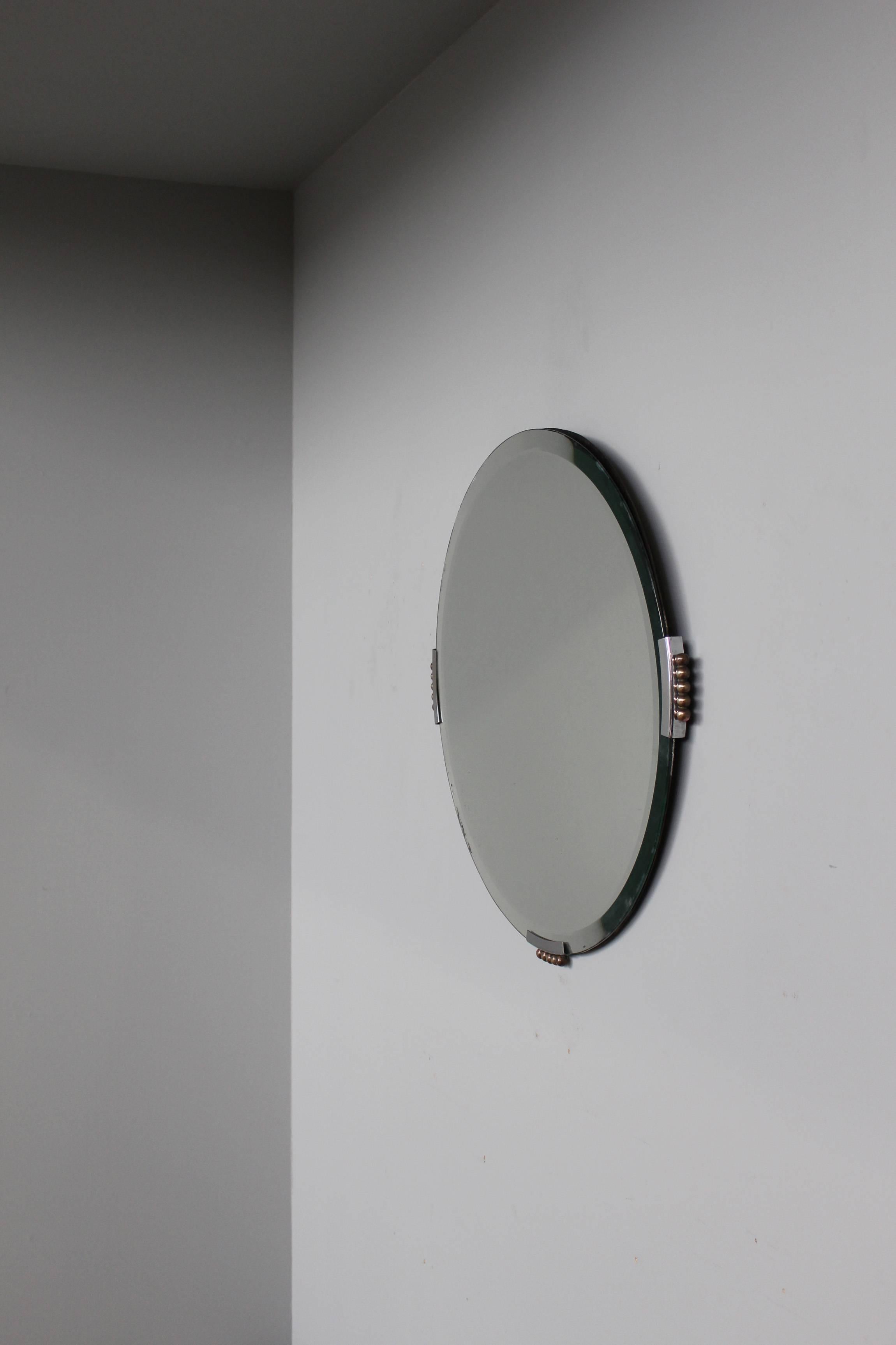 Mid-20th Century Fine French Art Deco Round Mirror with Chrome and Bronze Details
