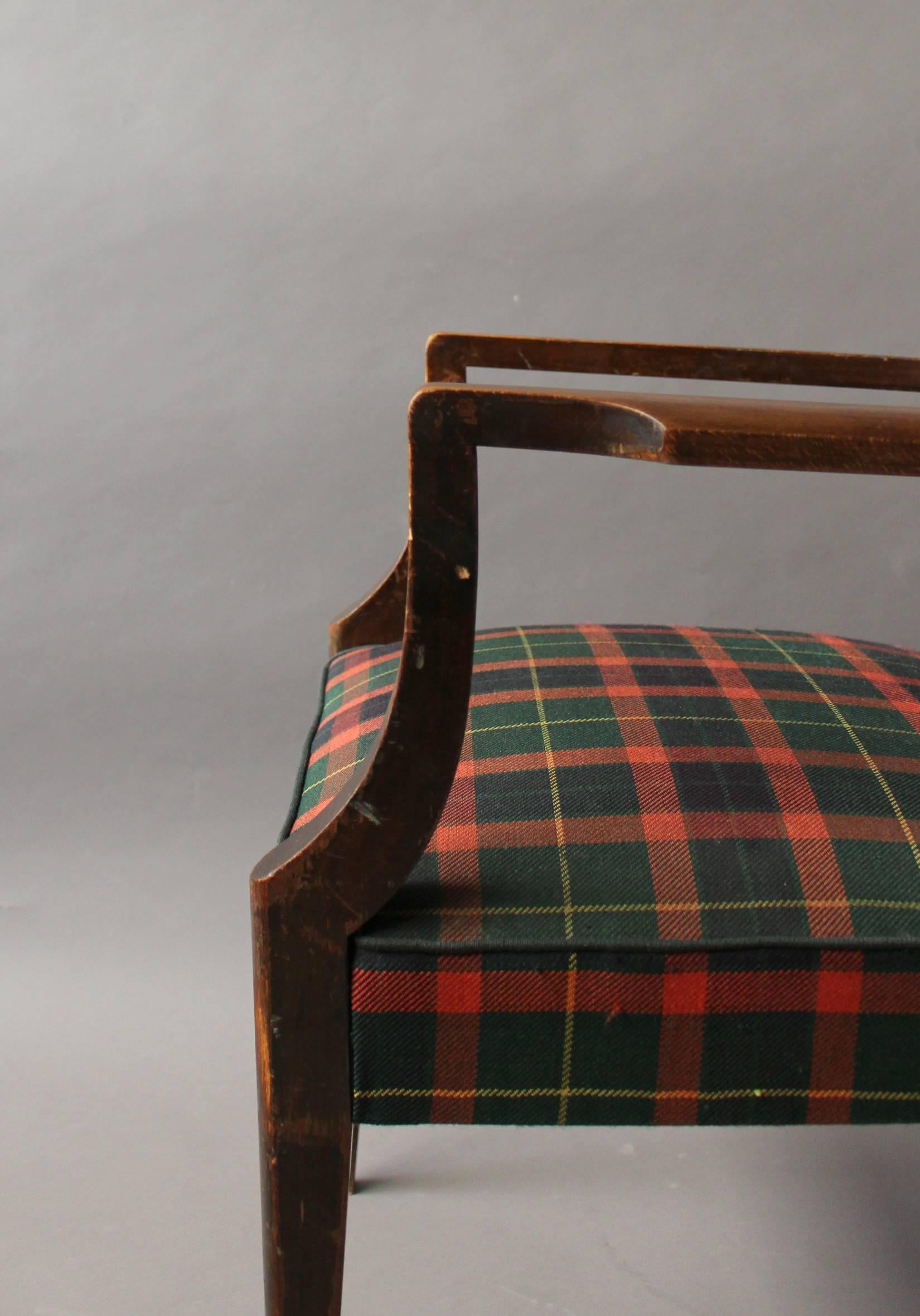 Mid-20th Century A French Art Deco beech Wood Bridge Armchair with a Tartan Fabric For Sale