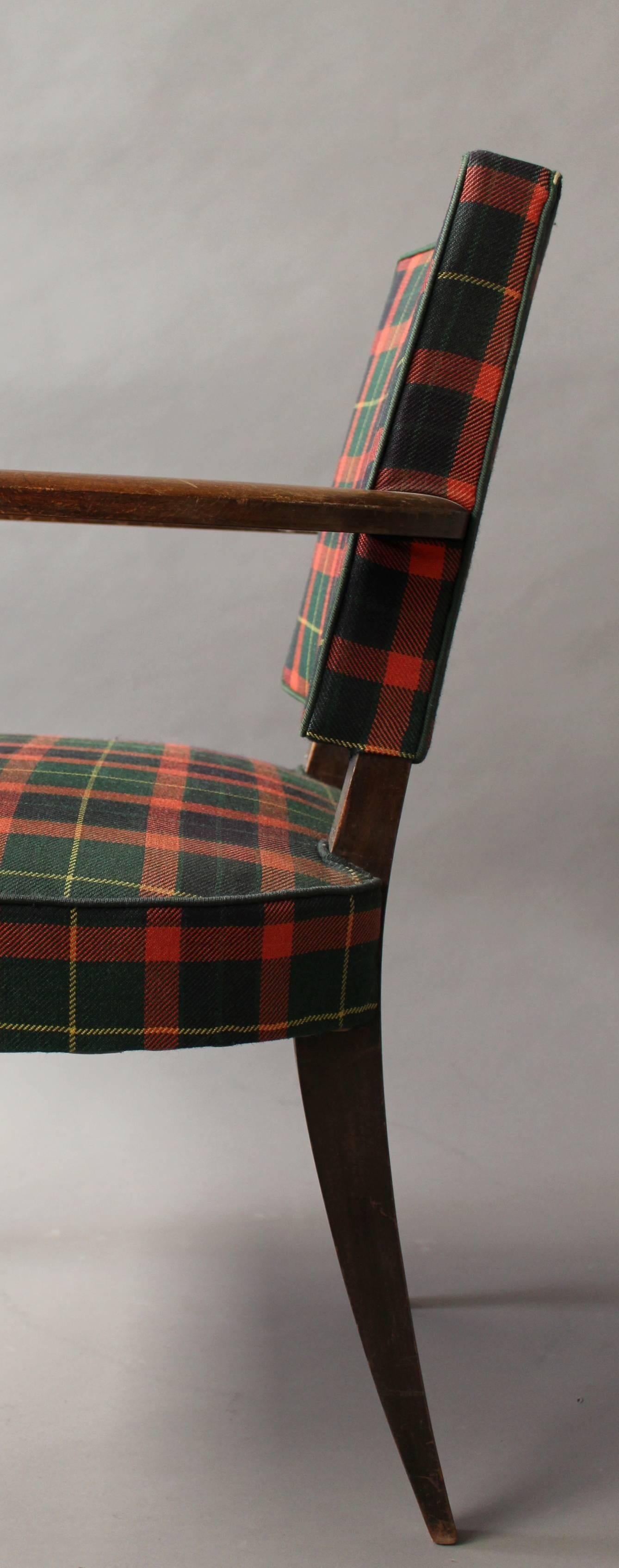 Beech A French Art Deco beech Wood Bridge Armchair with a Tartan Fabric For Sale