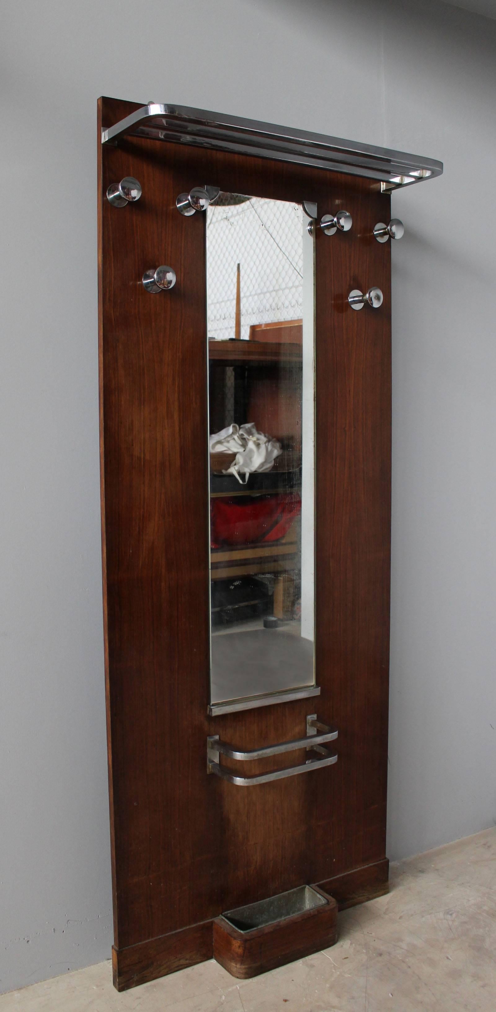 French Art Deco rosewood and chrome coat rack, umbrella and hat stand.