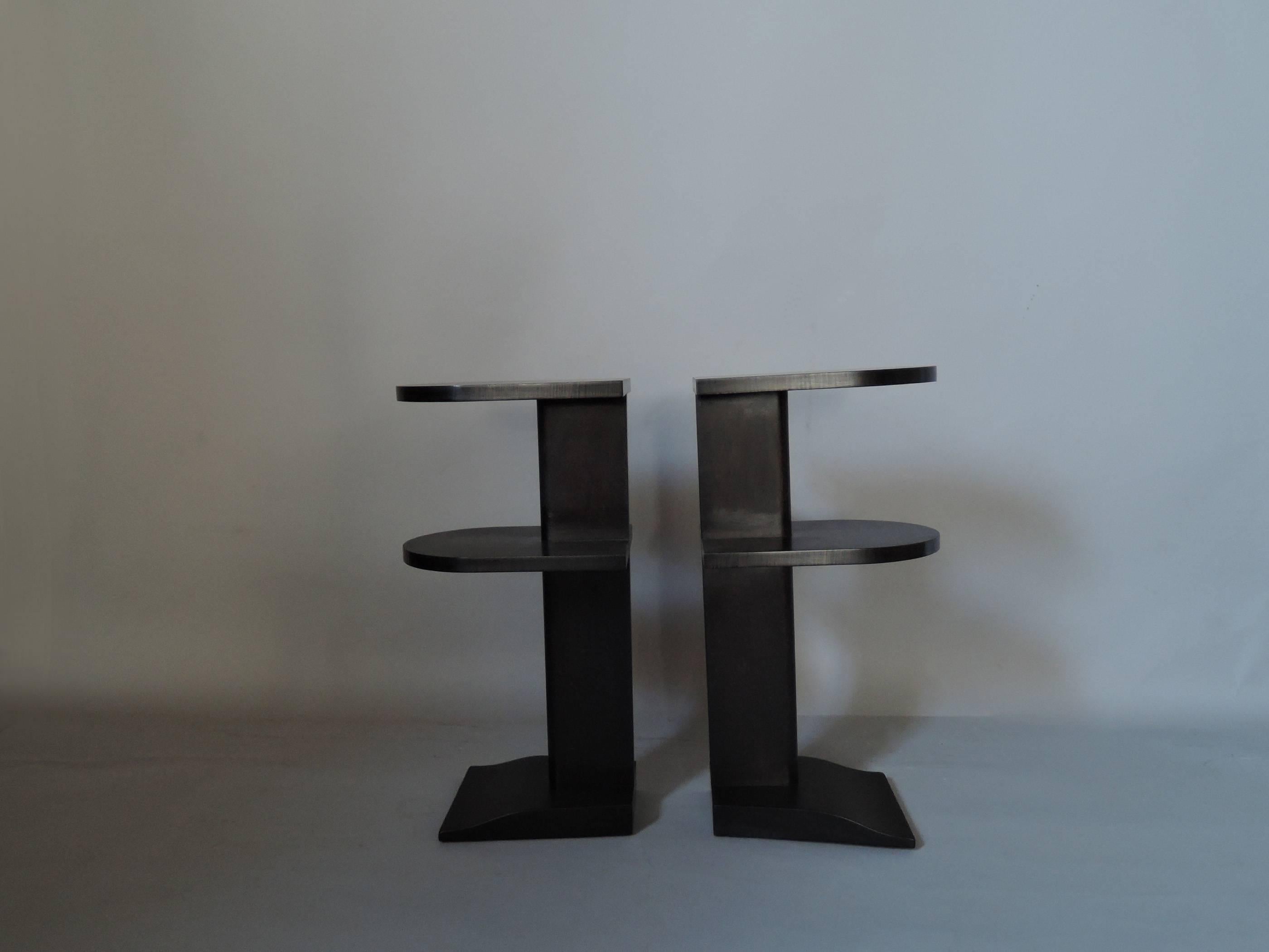 Mid-20th Century Pair of French Art Deco Two-Tiered Darkened Sycamore Side or End Tables