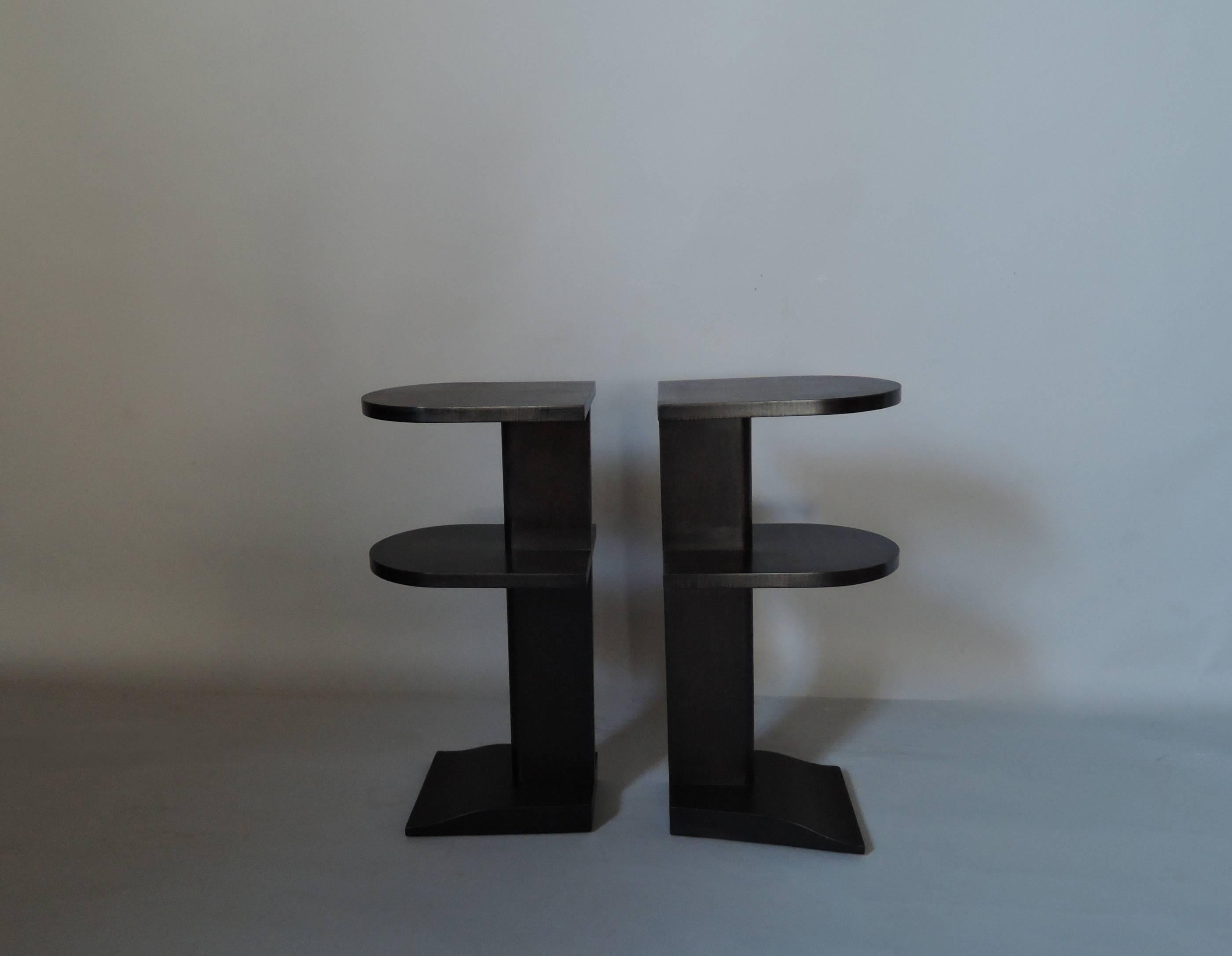 Pair of French Art Deco Two-Tiered Darkened Sycamore Side or End Tables 1