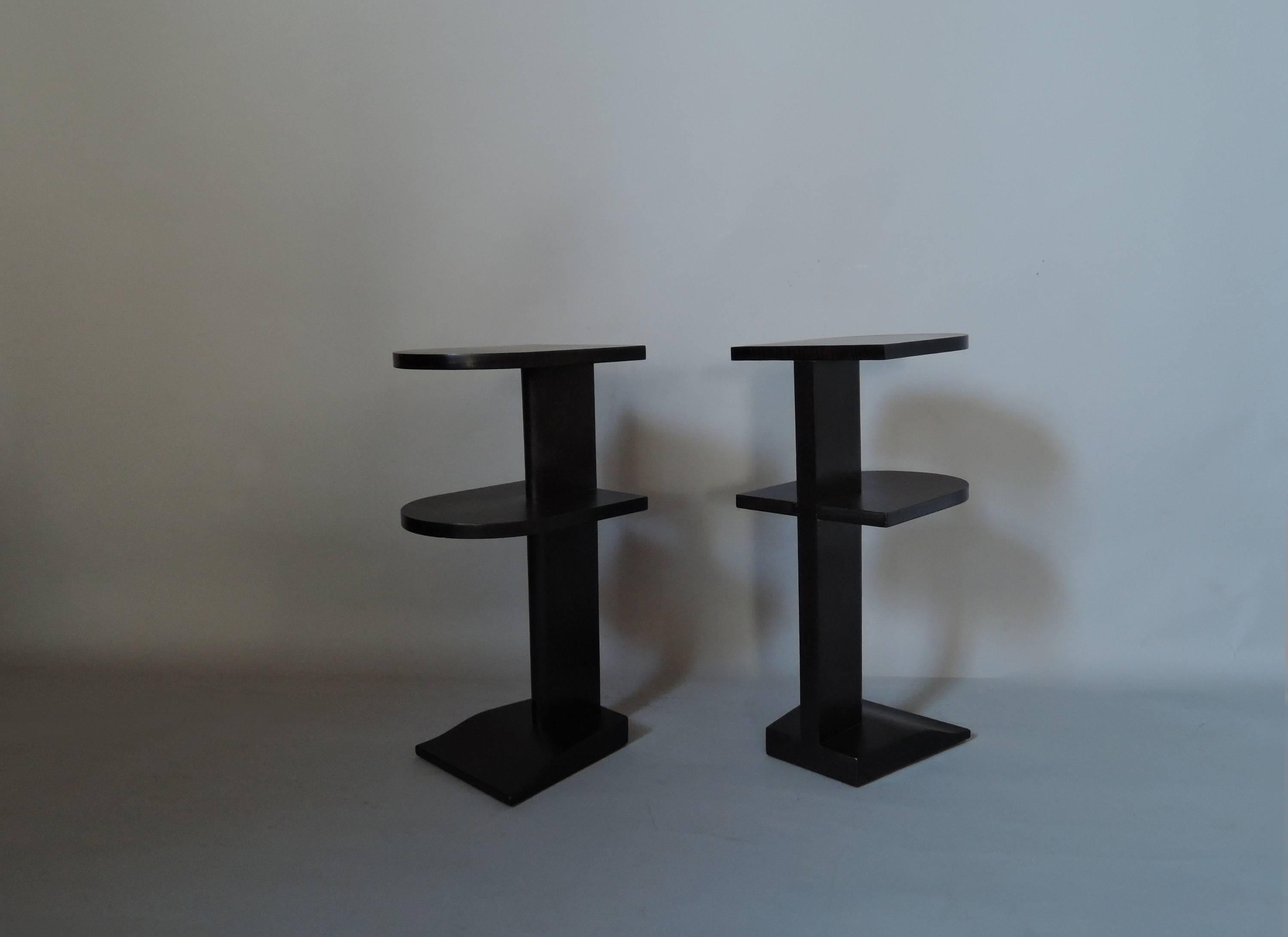 Pair of French Art Deco Two-Tiered Darkened Sycamore Side or End Tables In Good Condition In Long Island City, NY