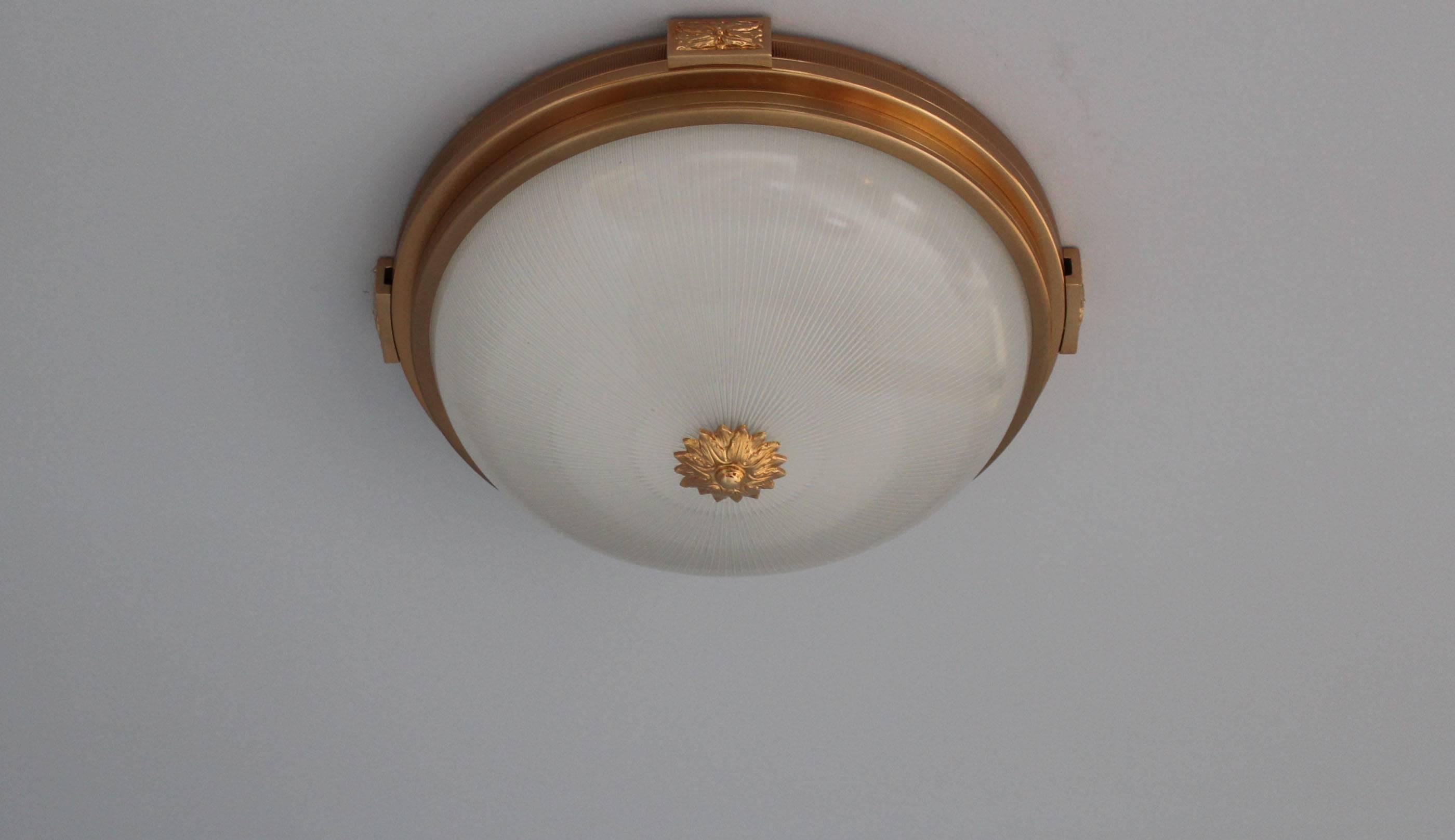 20th Century 3 Fine French Neoclassical Brass Flush Mounts with Fluted Glass Shades For Sale