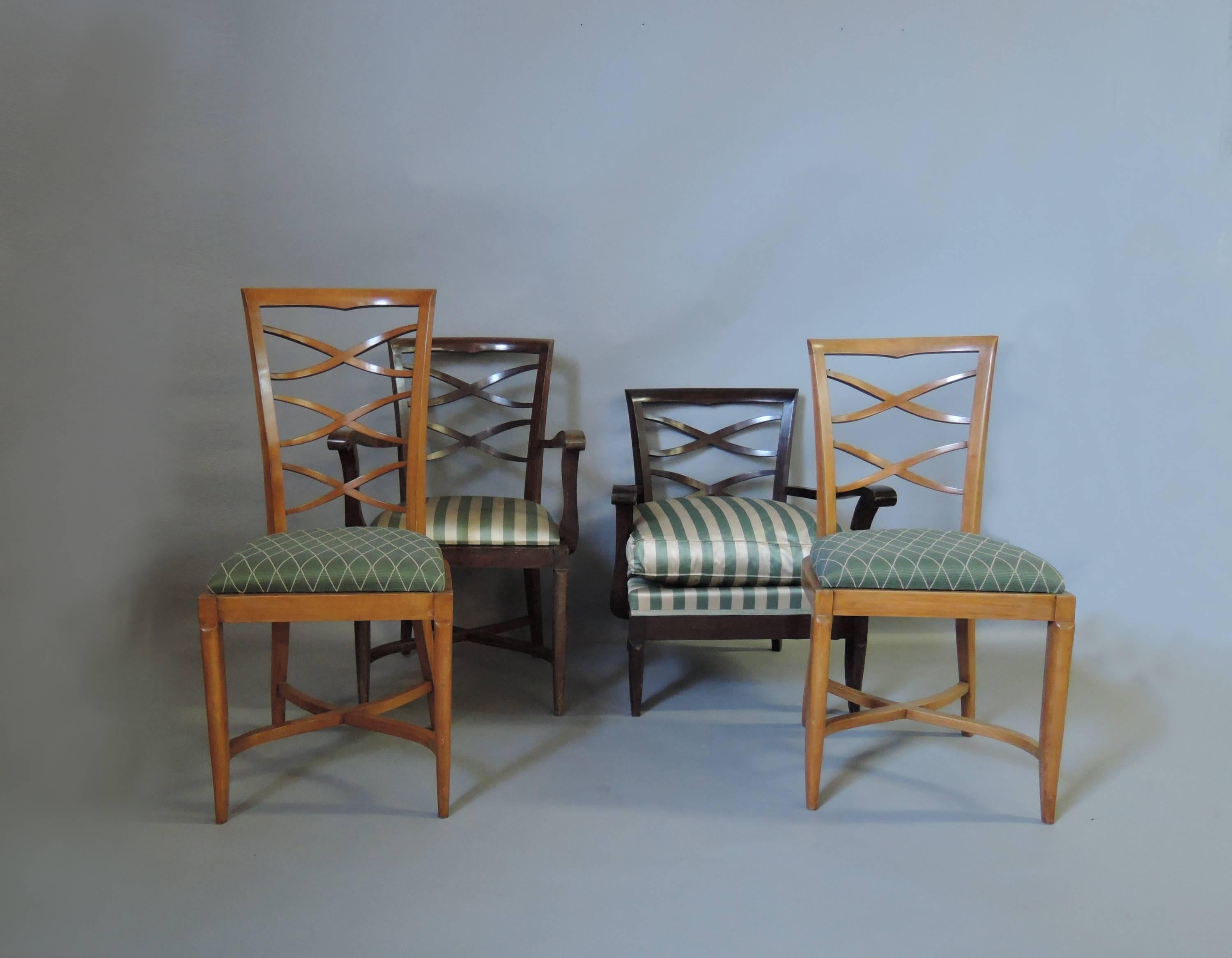In stained or/and natural beech, including 8 side, 2 higher side, two arm and two lounge chairs for a total of 14 chairs (possibility of breaking the set and buying side and arm separately) 
Dimensions of armchairs: H 36