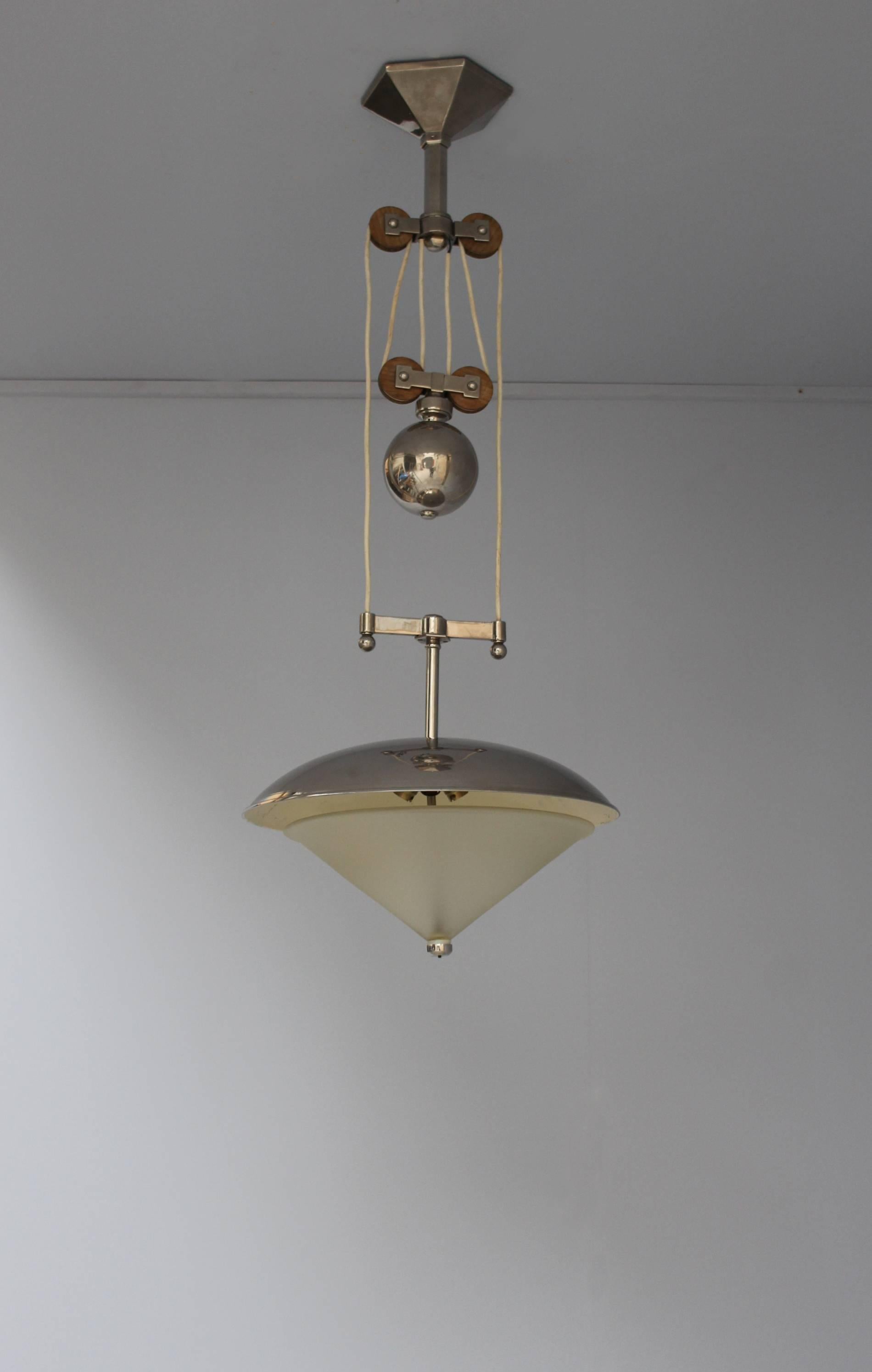 Unusual fine French Art Deco chrome and glass adjustable pendant/chandelier with wood details.
