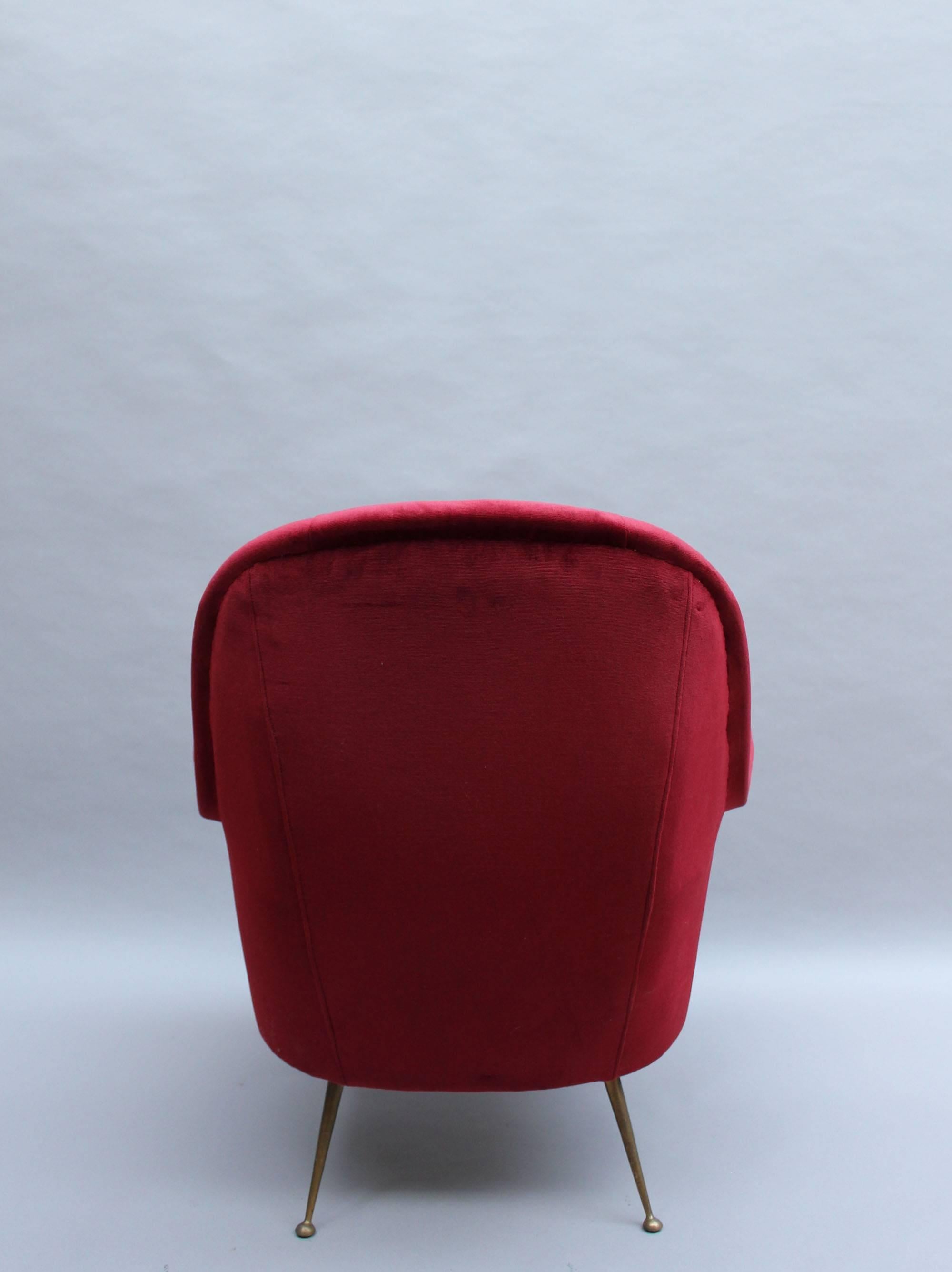 Late 20th Century A Fine 1970's Italian Red Velvet Armchair with Brass Legs For Sale