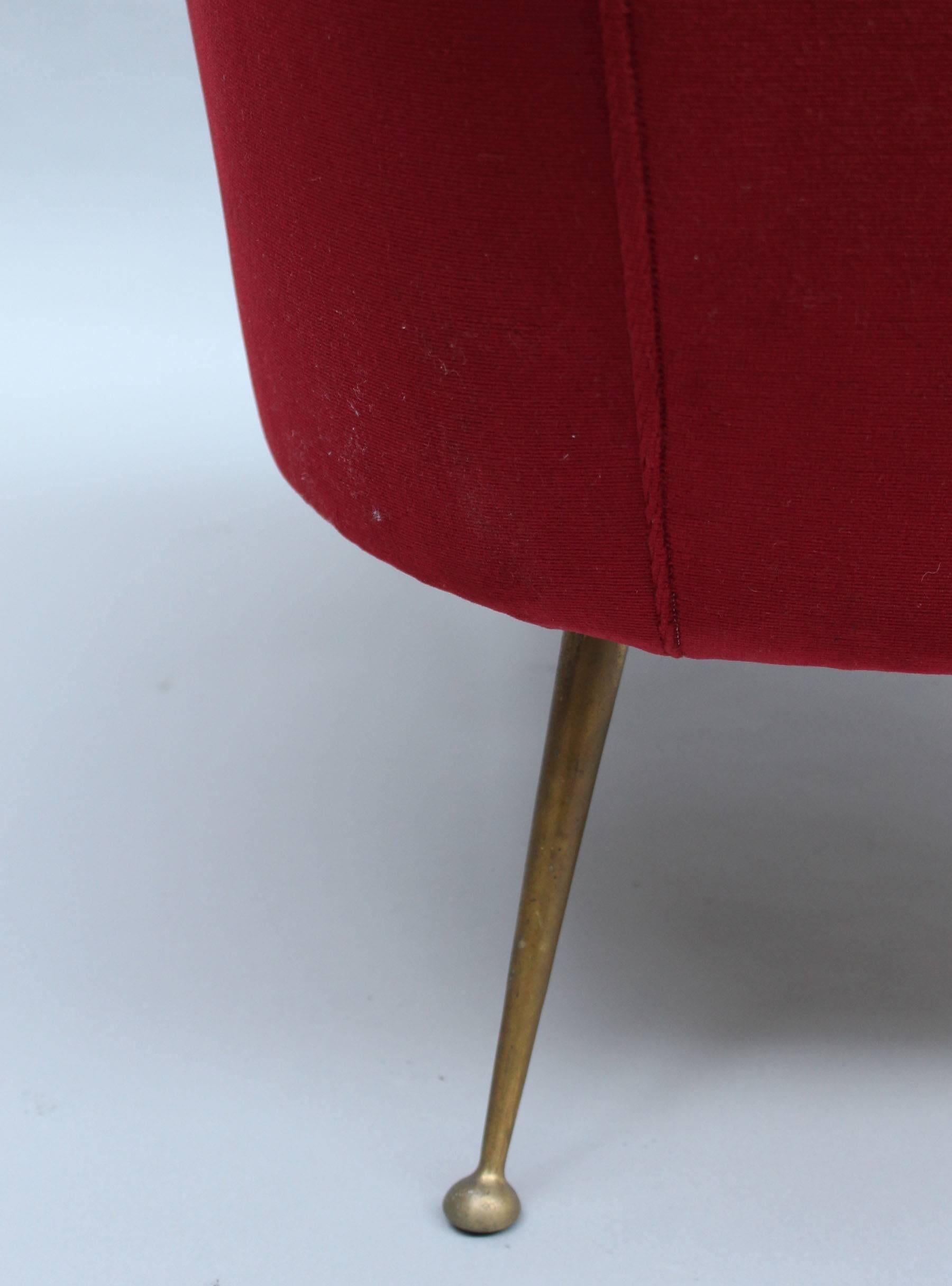 A Fine 1970's Italian Red Velvet Armchair with Brass Legs For Sale 1