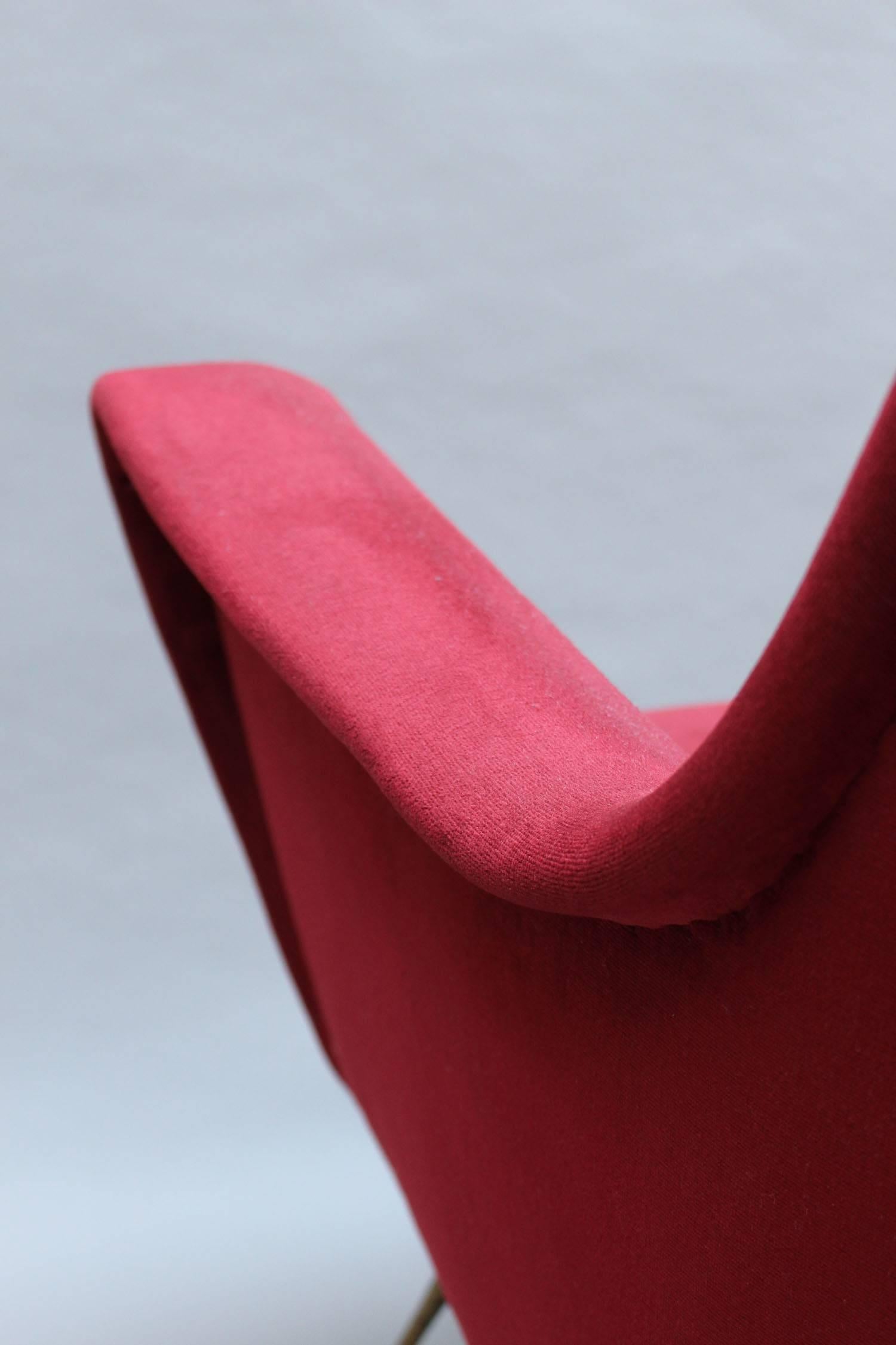 A Fine 1970's Italian Red Velvet Armchair with Brass Legs For Sale 2