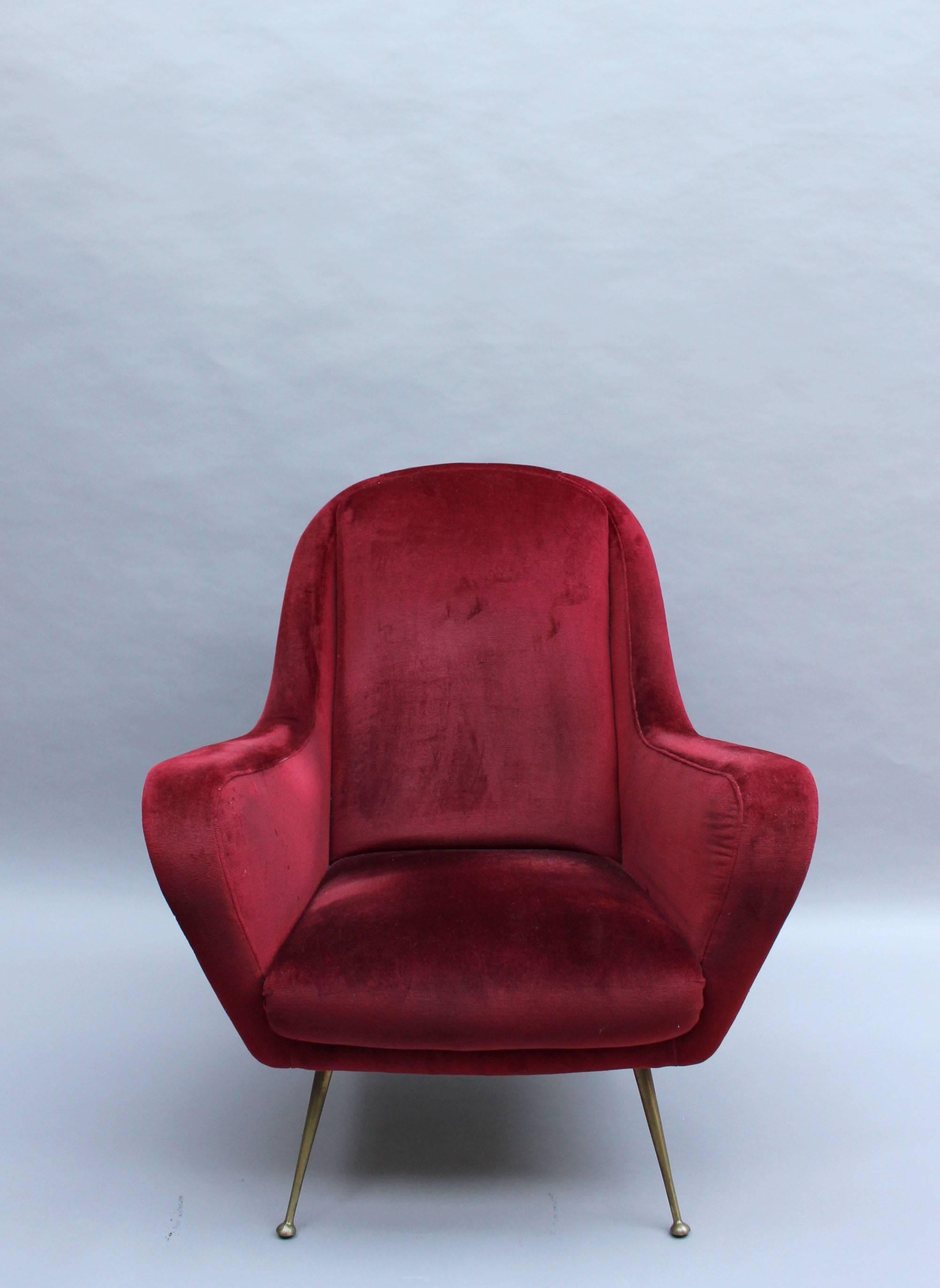 A Fine 1970's Italian Red Velvet Armchair with Brass Legs For Sale 5