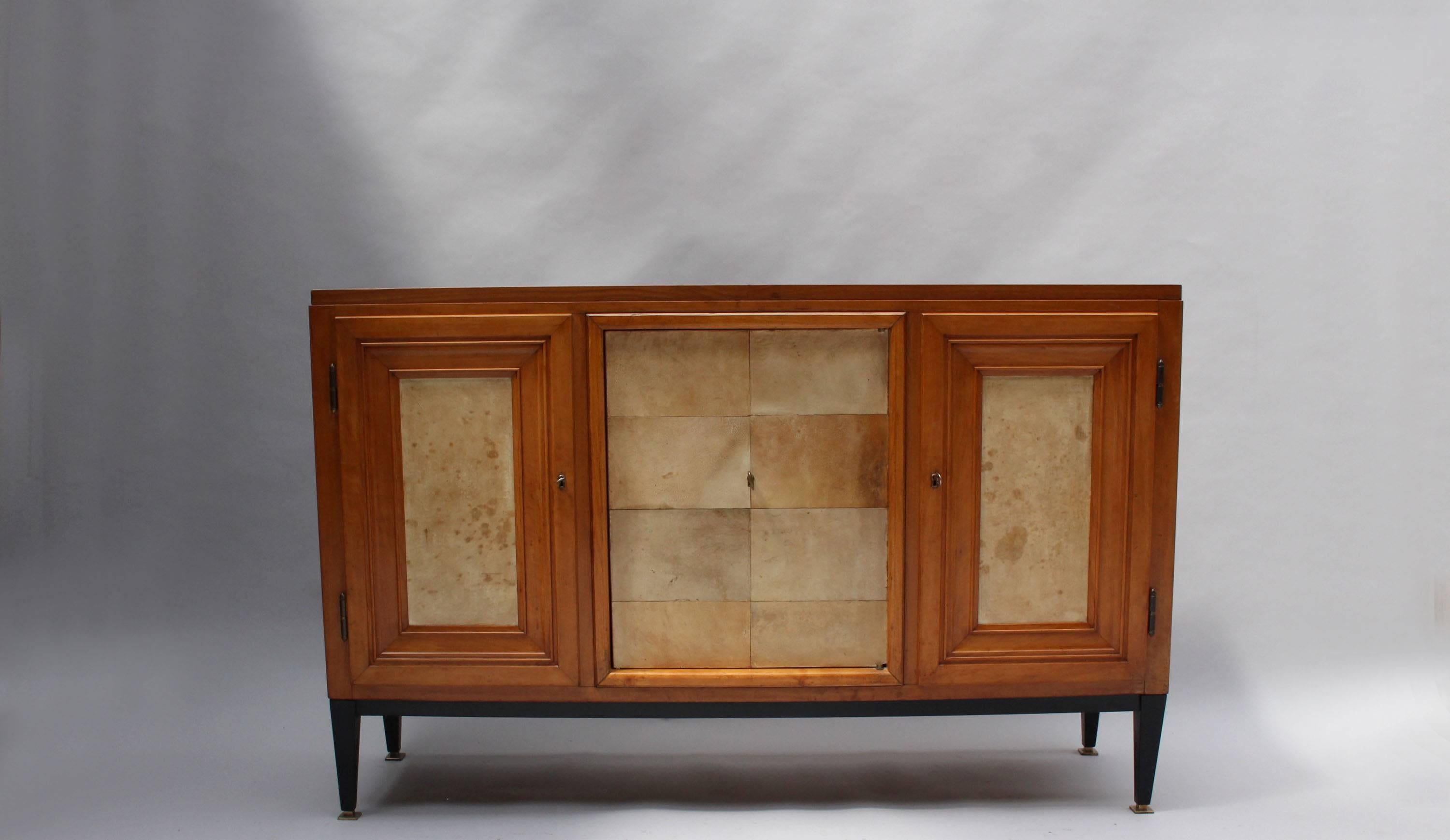 Swiss Midcentury Pear Wood and Parchment Three Door Buffet 1