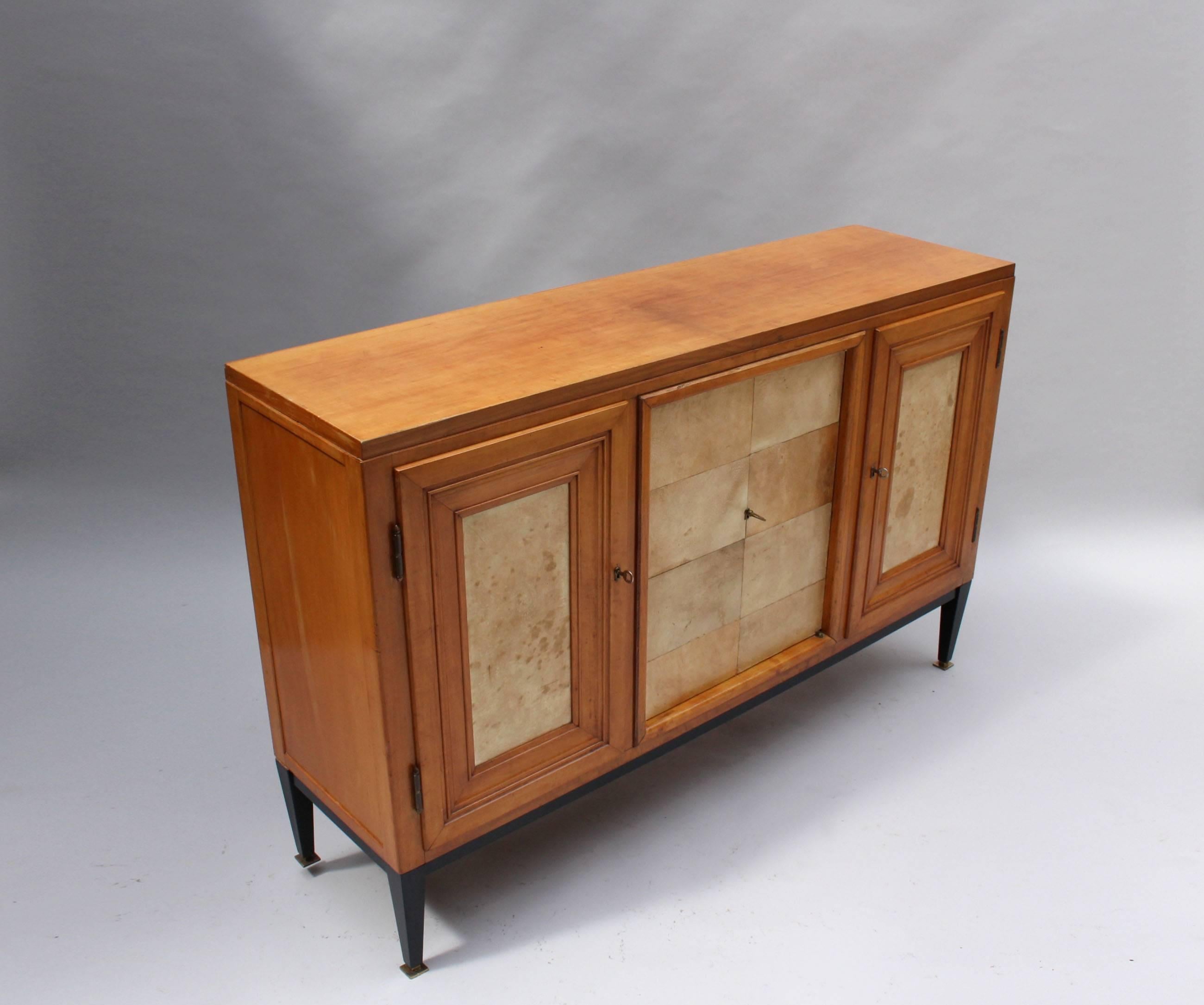 Mid-Century Modern Swiss Midcentury Pear Wood and Parchment Three Door Buffet