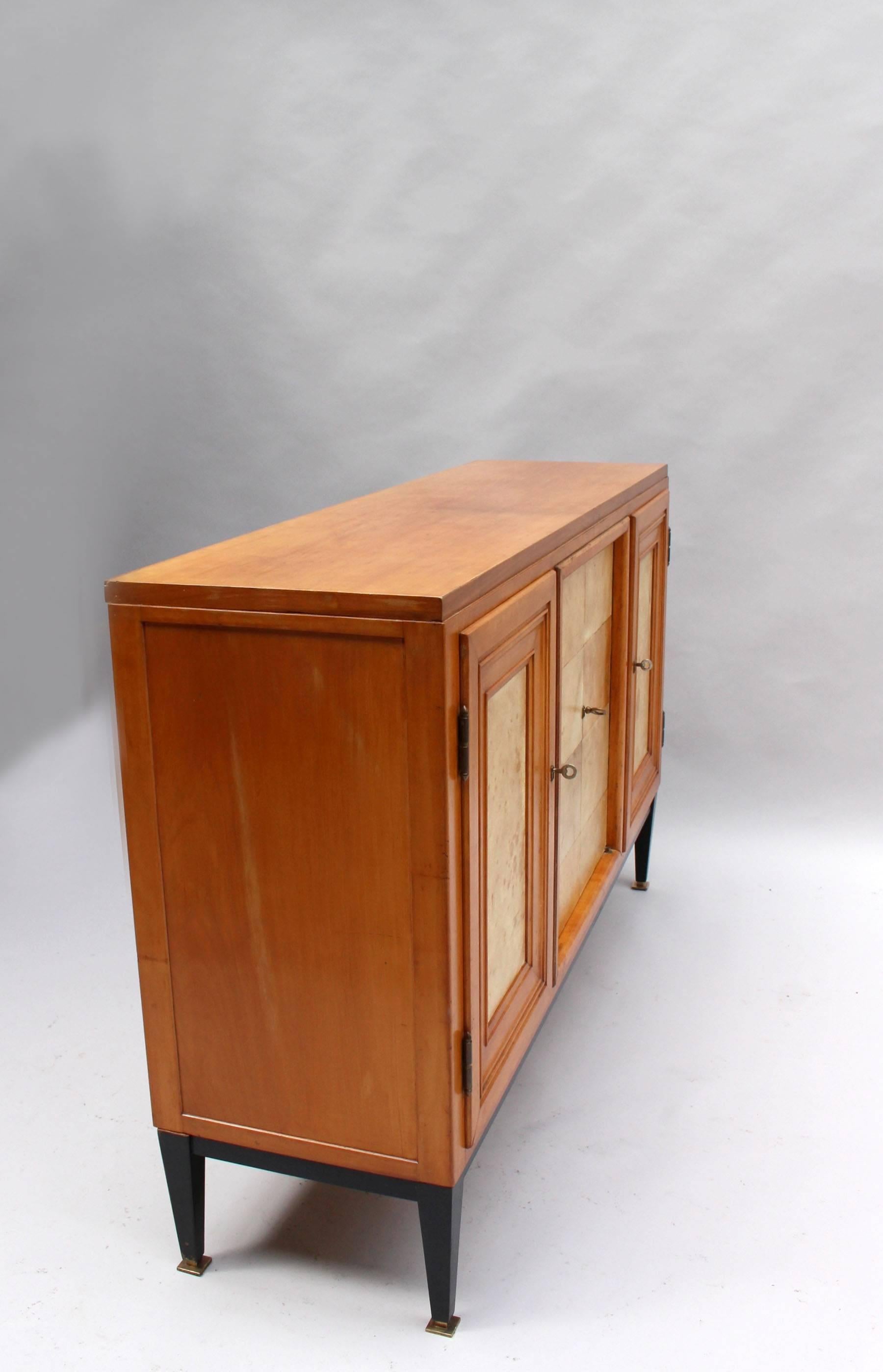 Swiss Midcentury Pear Wood and Parchment Three Door Buffet In Good Condition In Long Island City, NY