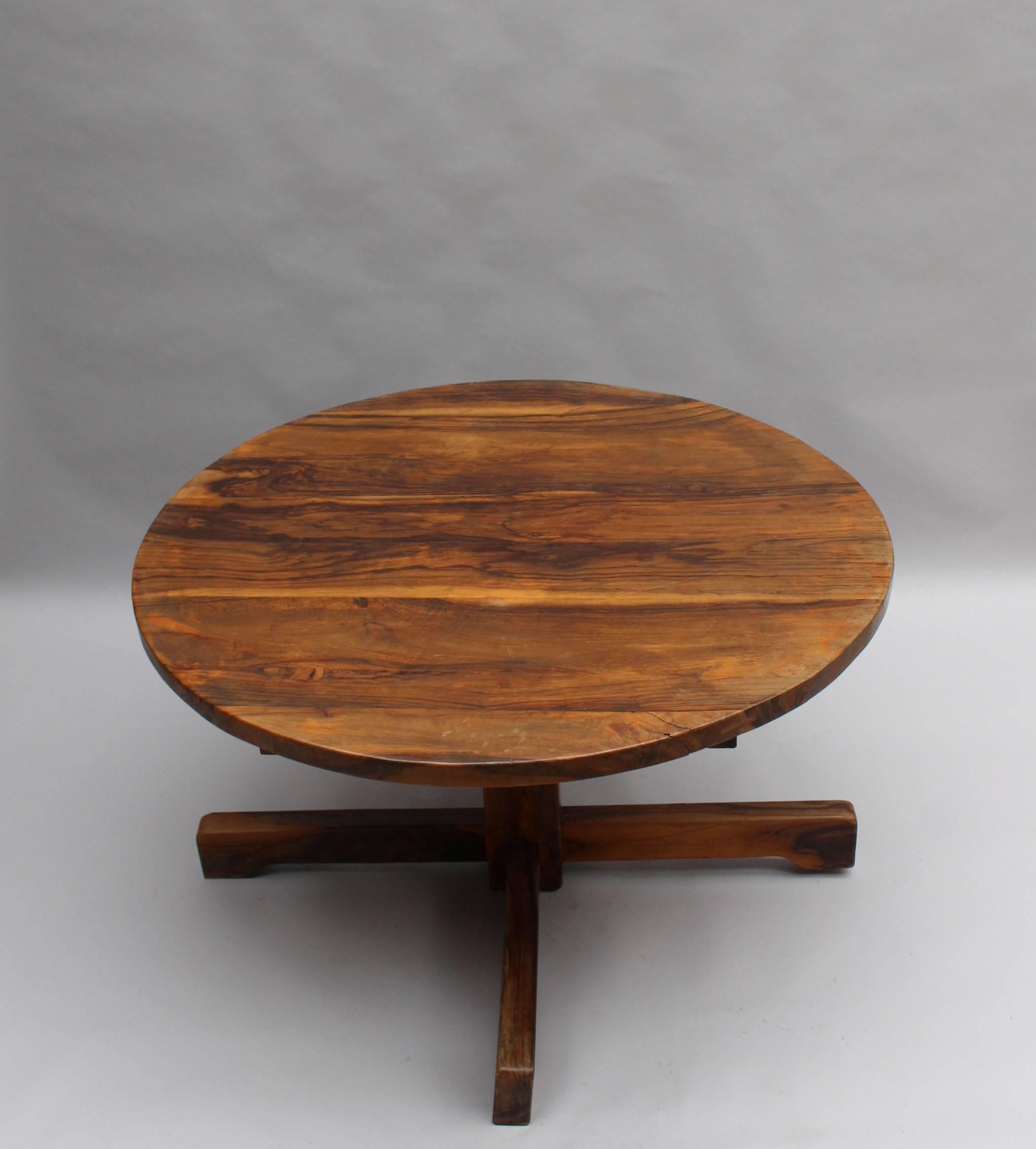 Woodwork A French 1950's Solid Olive Tree Round Pedestal Dining / Center Table