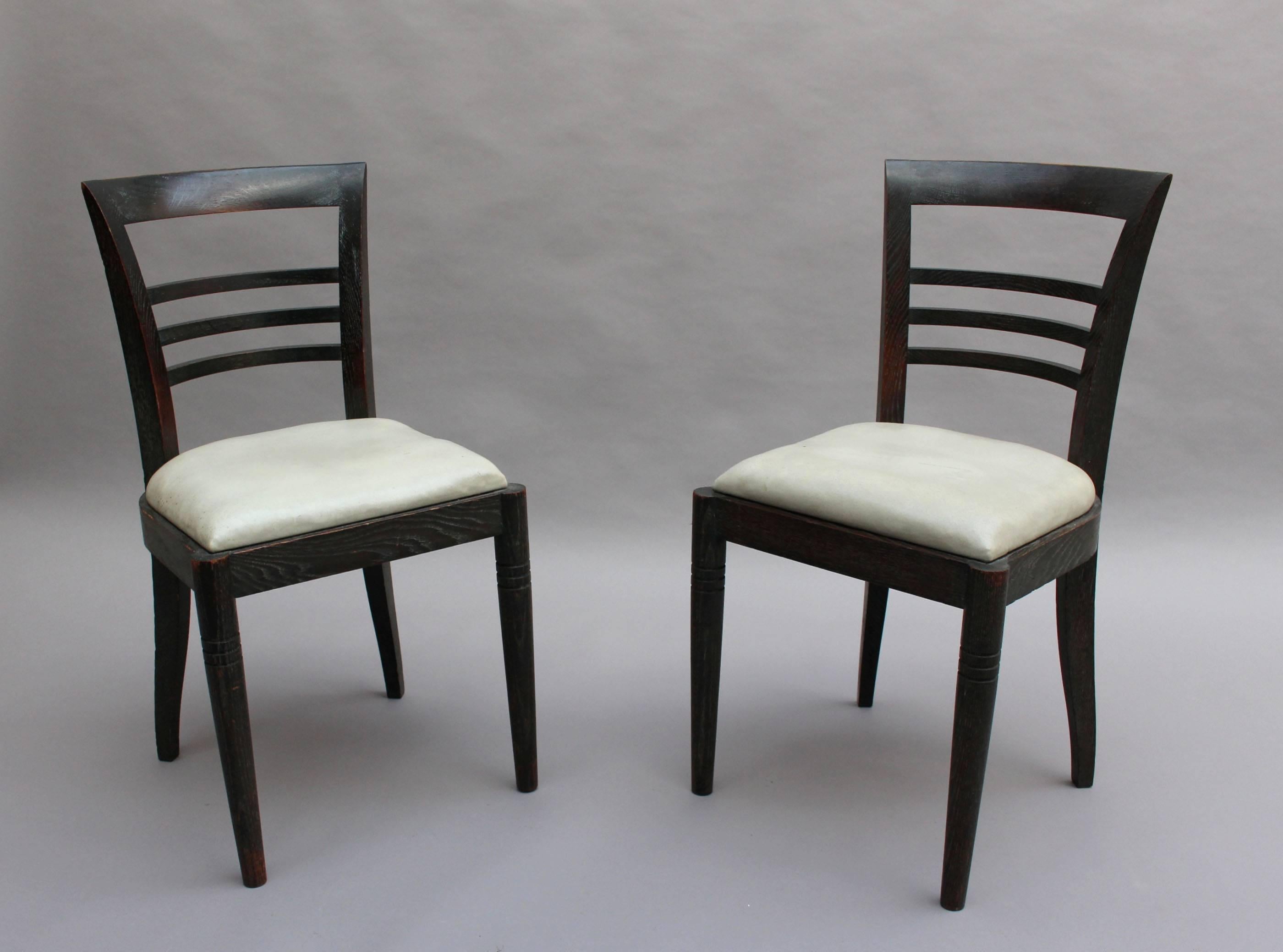 Cerused Set of Eight Fine French Art Deco Ebonized Lime Oak Dining Chairs For Sale