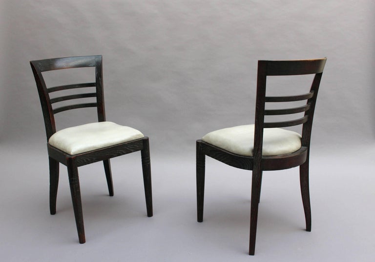 Set of Eight Fine French Art Deco Ebonized Lime Oak Dining Chairs In Fair Condition For Sale In Long Island City, NY