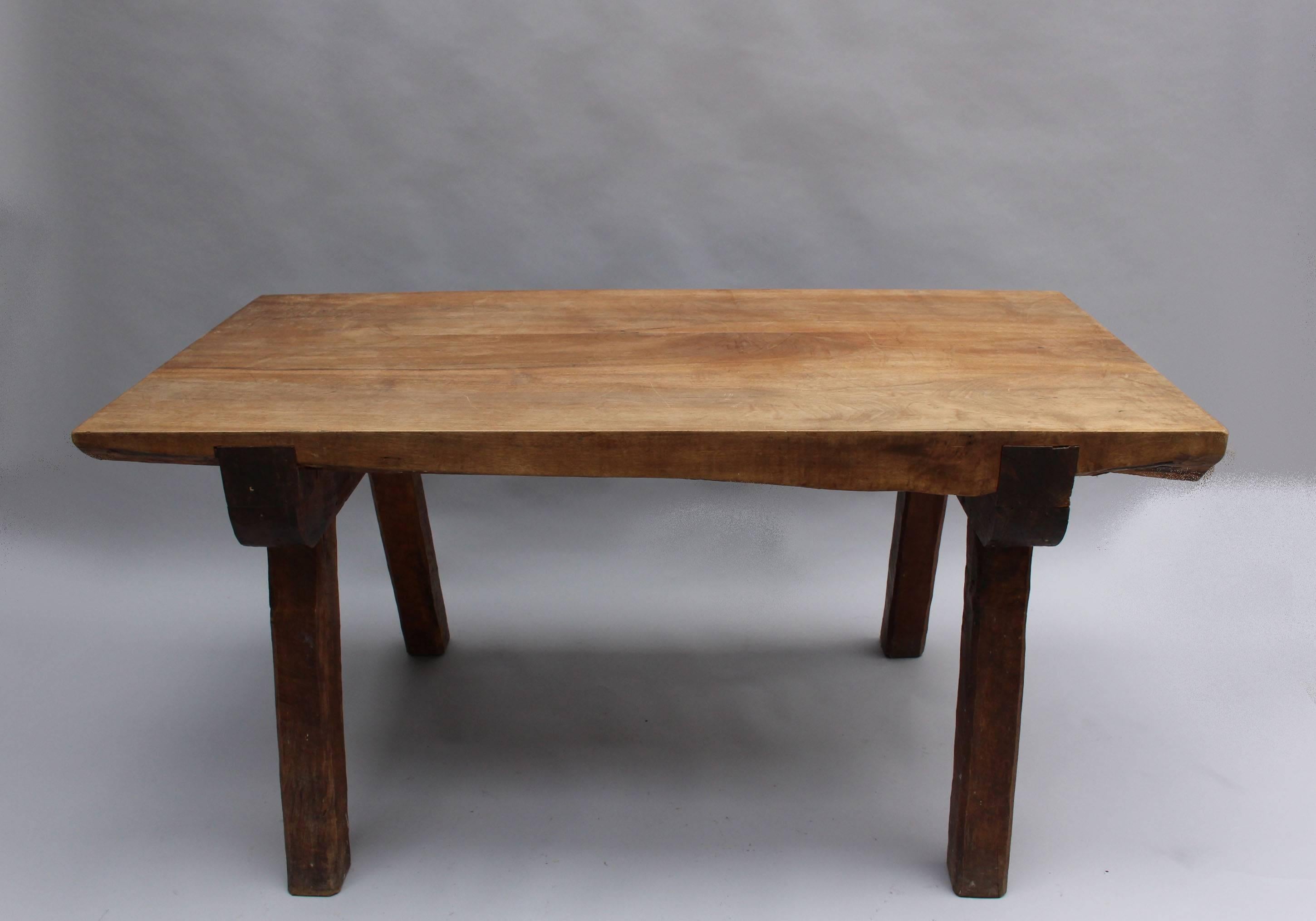 Mid-20th Century French 1950s Rectangular Solid Walnut Table and Two Matching Benches For Sale