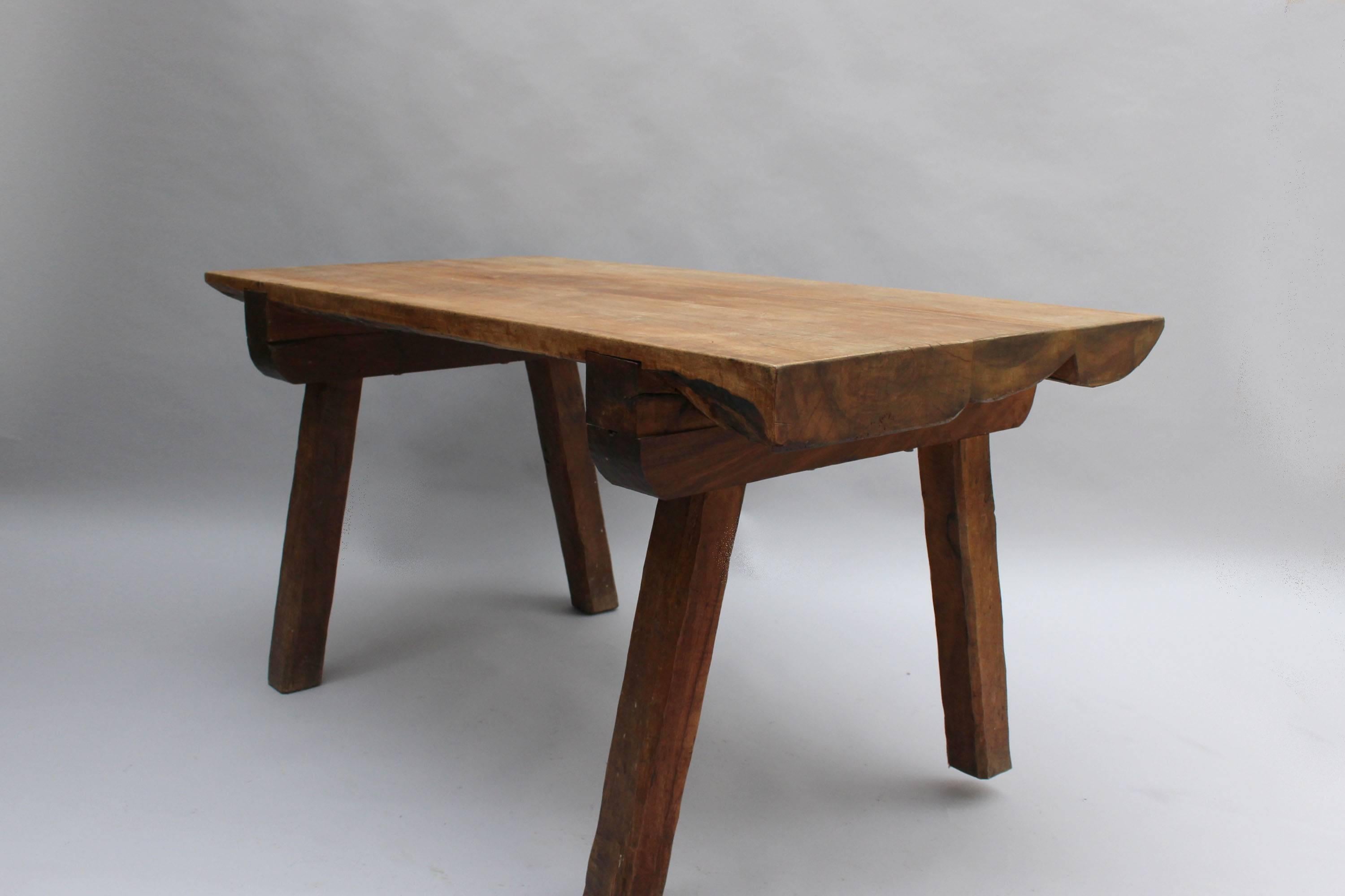 French 1950s Rectangular Solid Walnut Table and Two Matching Benches For Sale 2