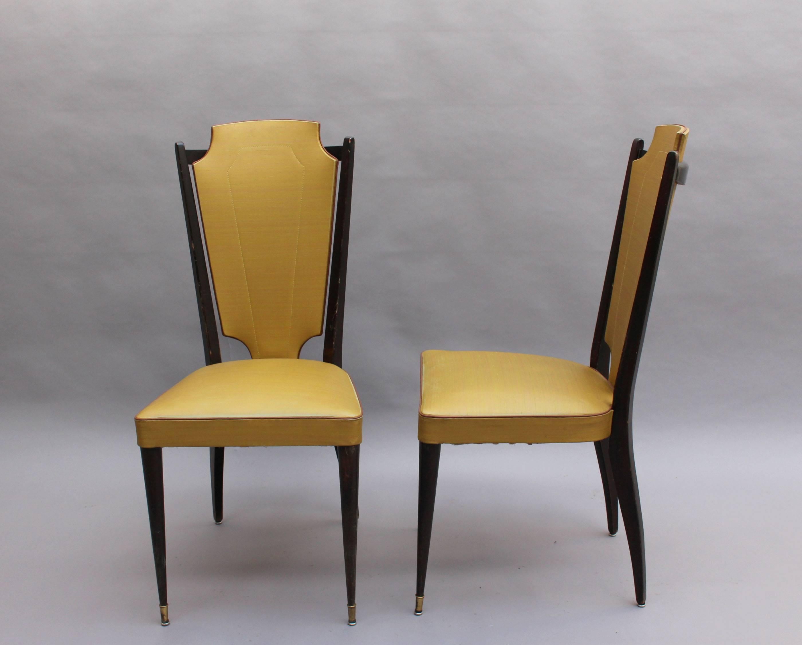 Mid-Century Modern Set of 6 French 1960's Black Lacquered and Vinyl Dining Chairs For Sale