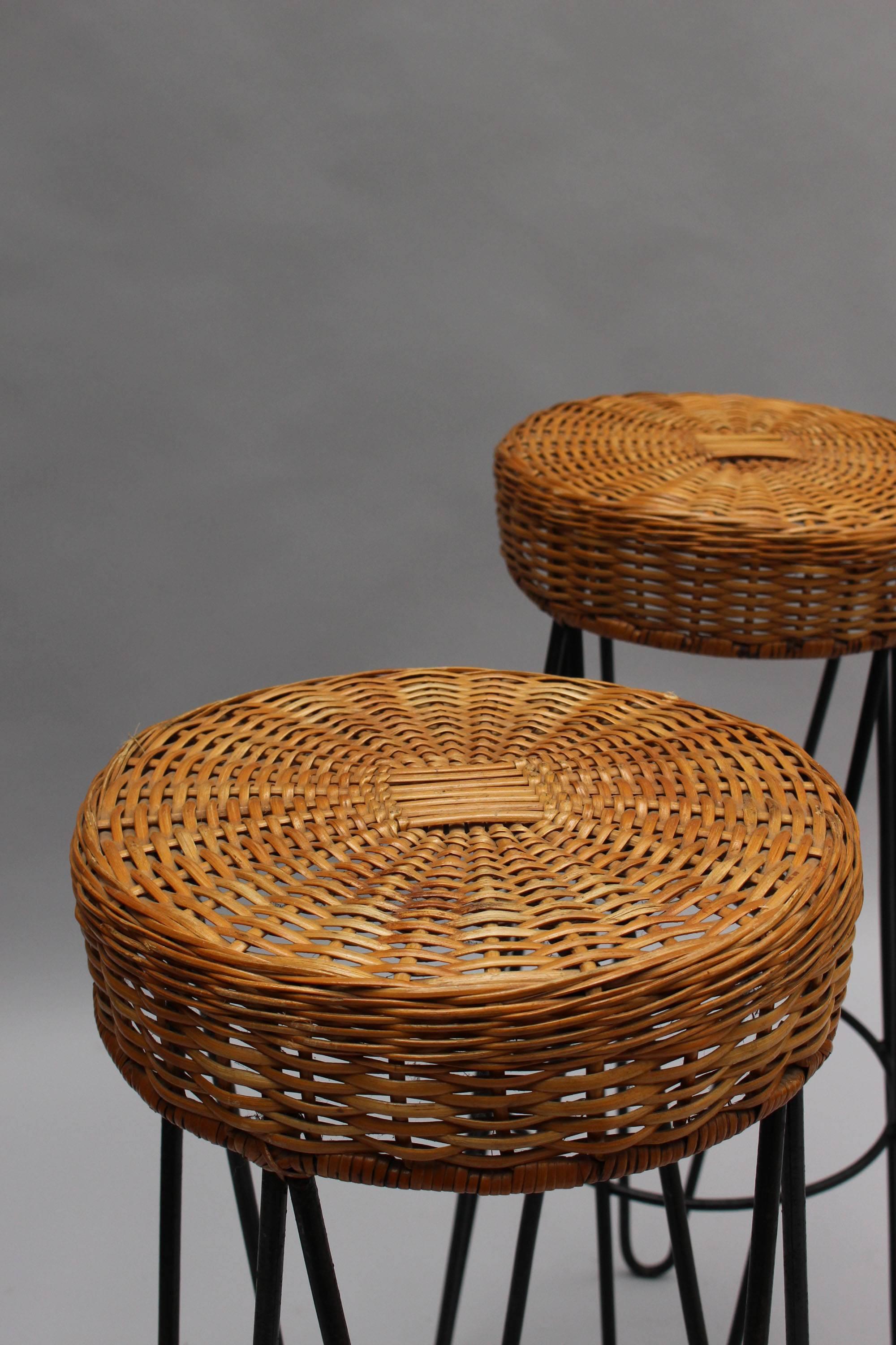 Mid-Century Modern 3 French 1950's Black Metal and Rattan Bar Stools