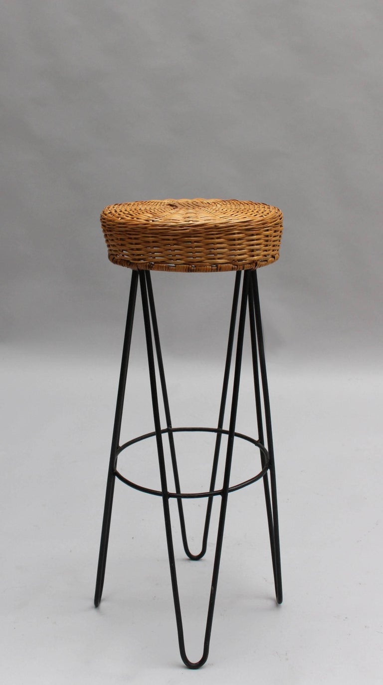 3 French 1950's Black Metal and Rattan Bar Stools For Sale at 1stDibs