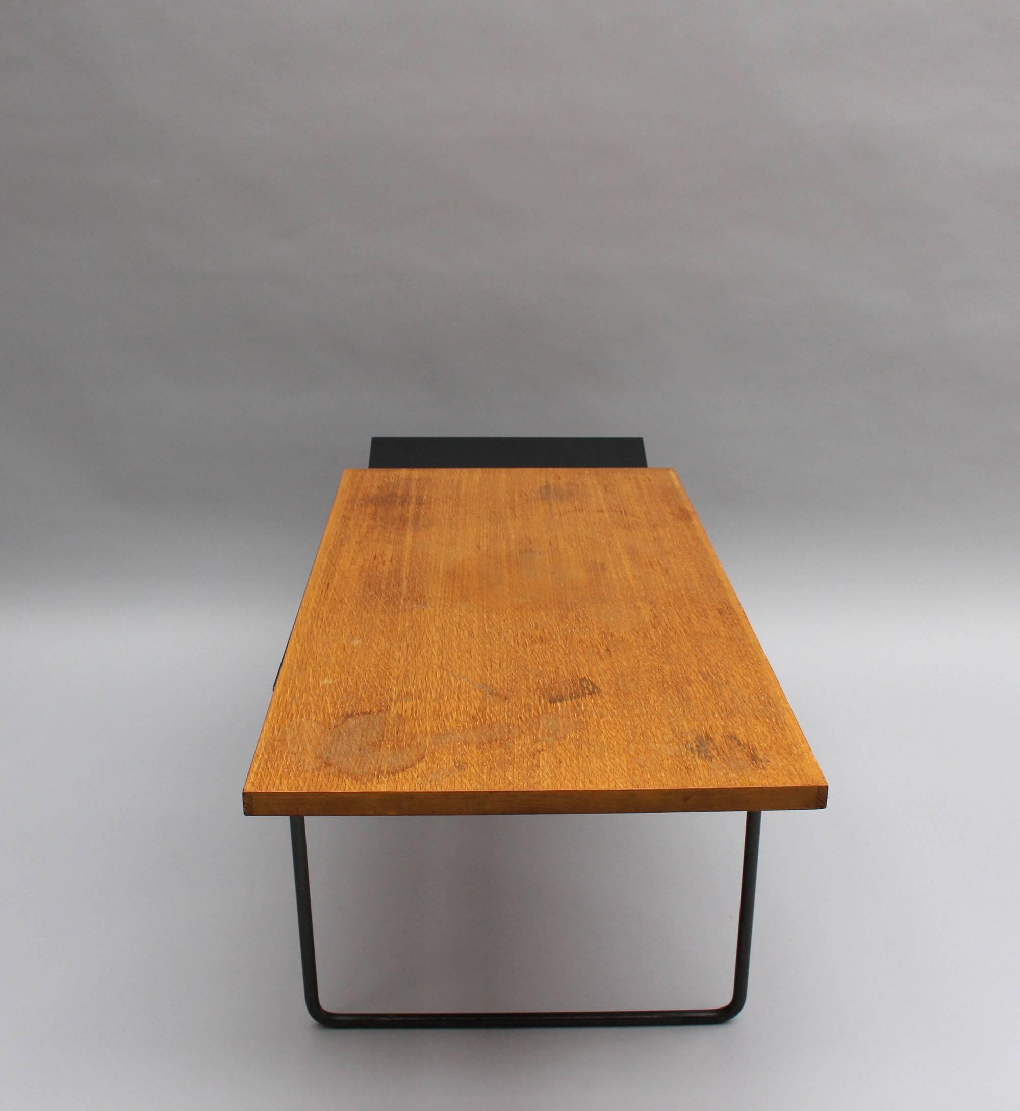 A Fine French Mid-Century Oak and Laminate Coffee Table with a Metal Base 2
