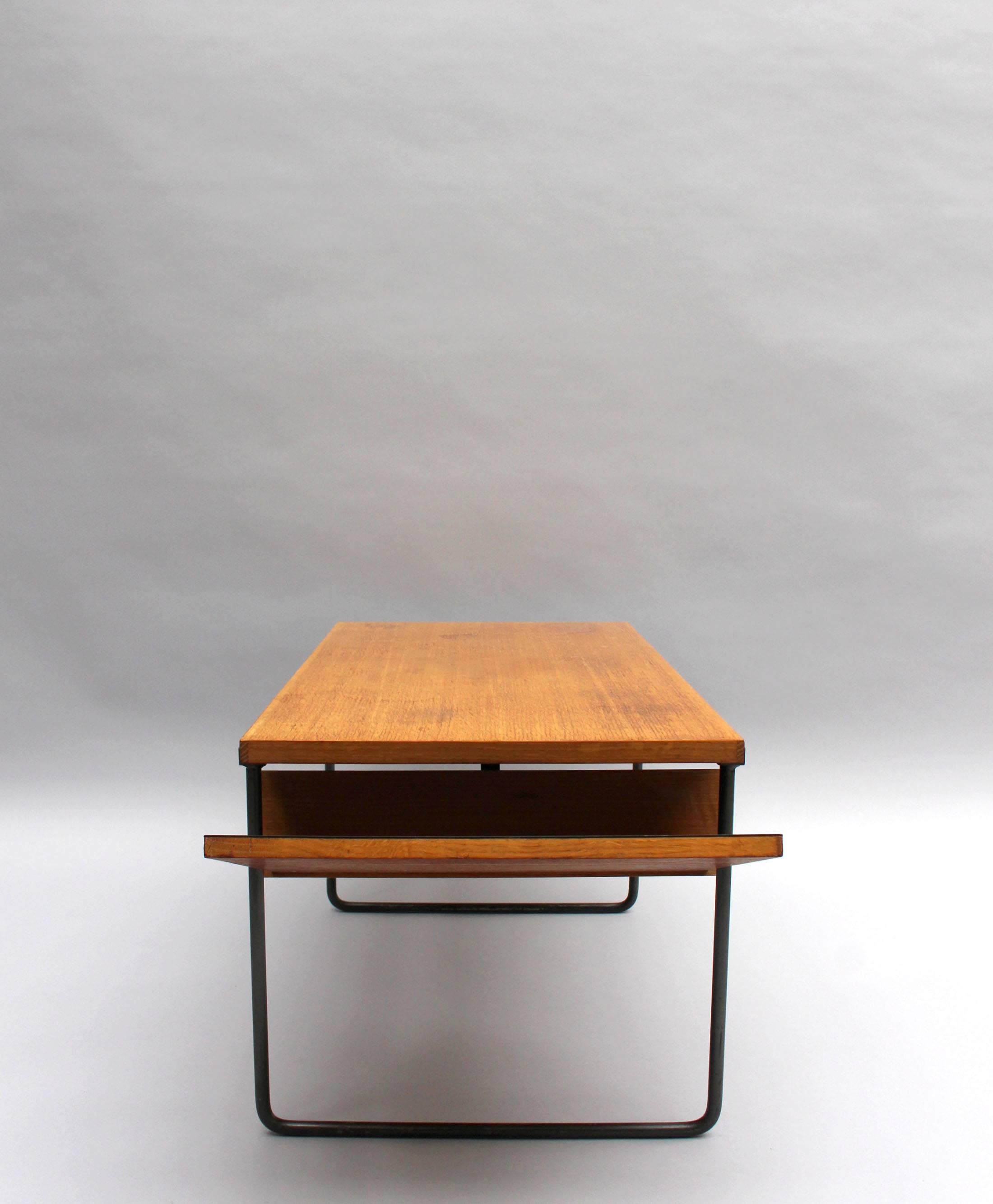 Mid-20th Century A Fine French Mid-Century Oak and Laminate Coffee Table with a Metal Base