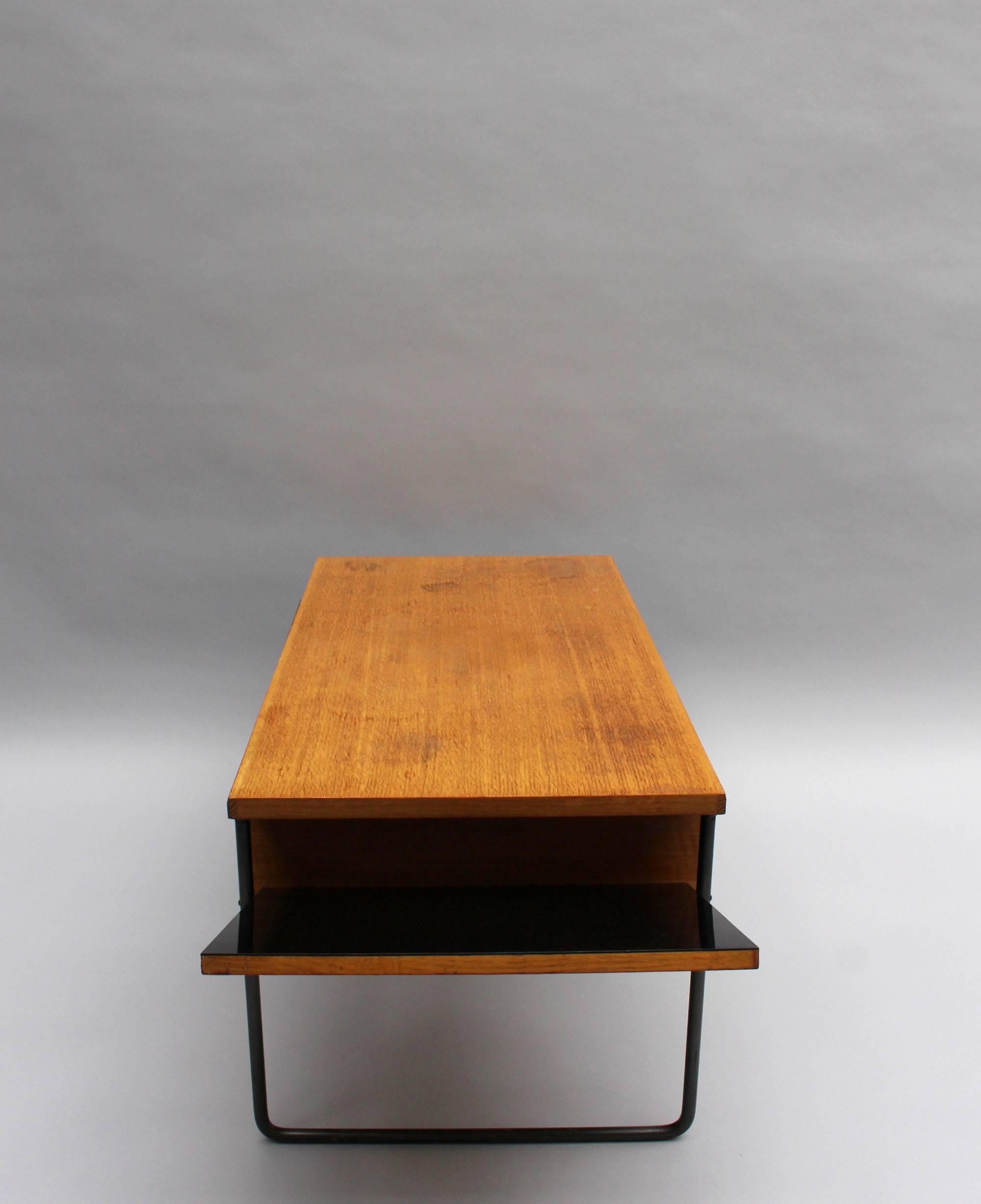A Fine French Mid-Century Oak and Laminate Coffee Table with a Metal Base 1