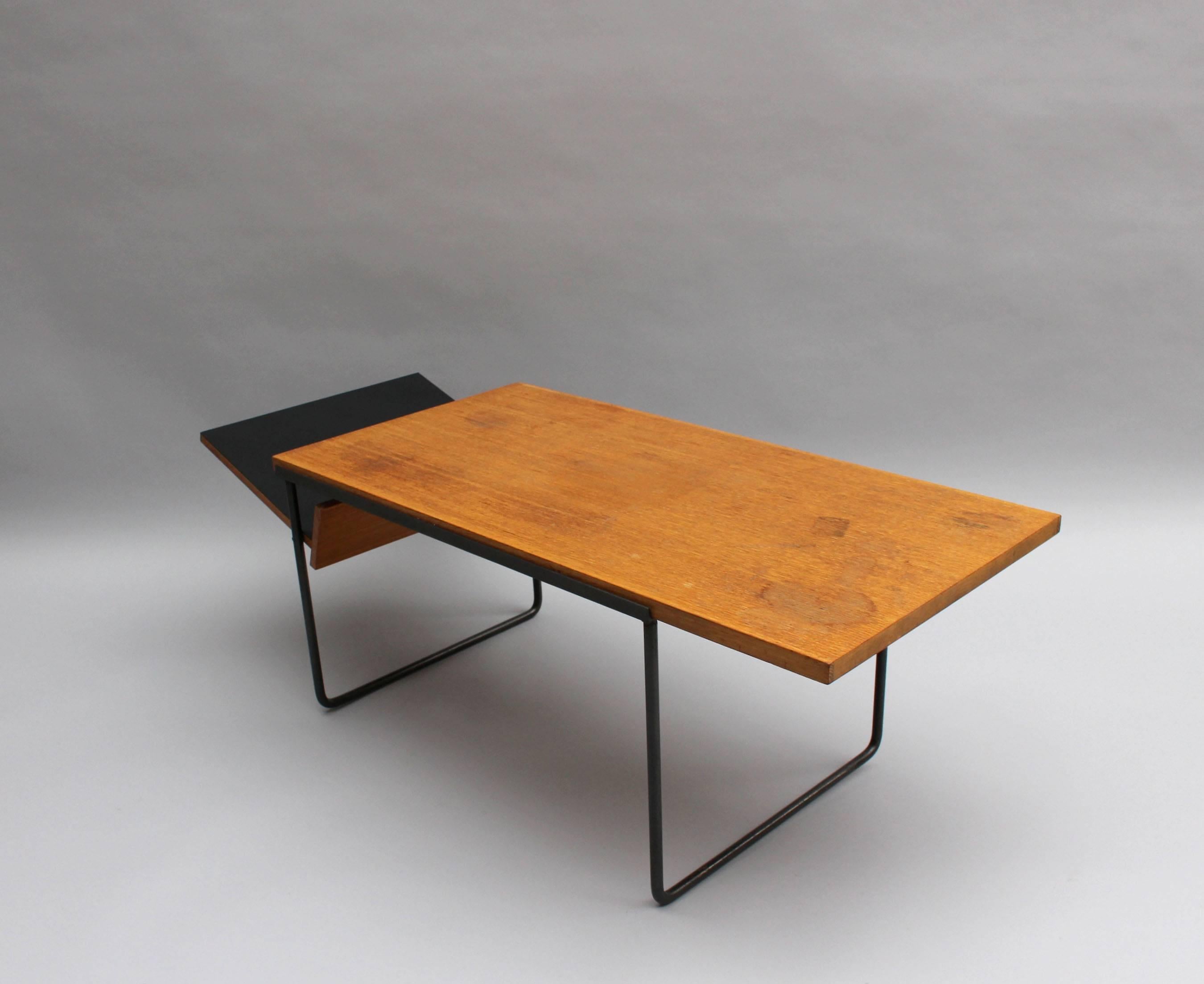 Mid-Century Modern A Fine French Mid-Century Oak and Laminate Coffee Table with a Metal Base
