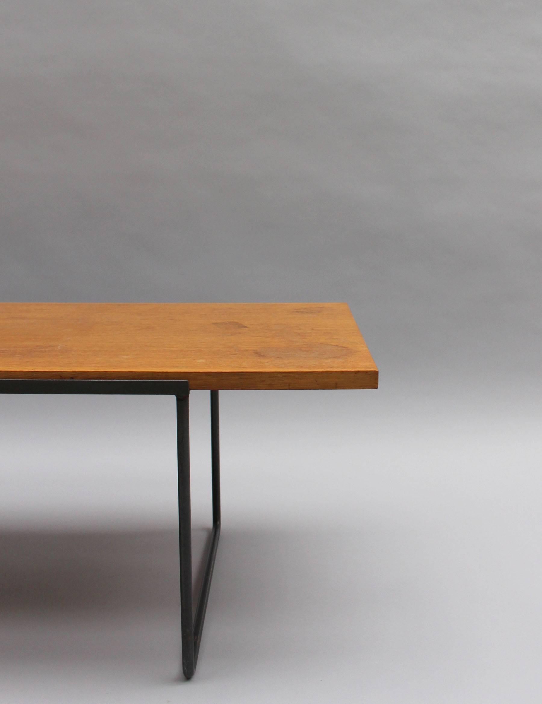 A Fine French Mid-Century Oak and Laminate Coffee Table with a Metal Base 5