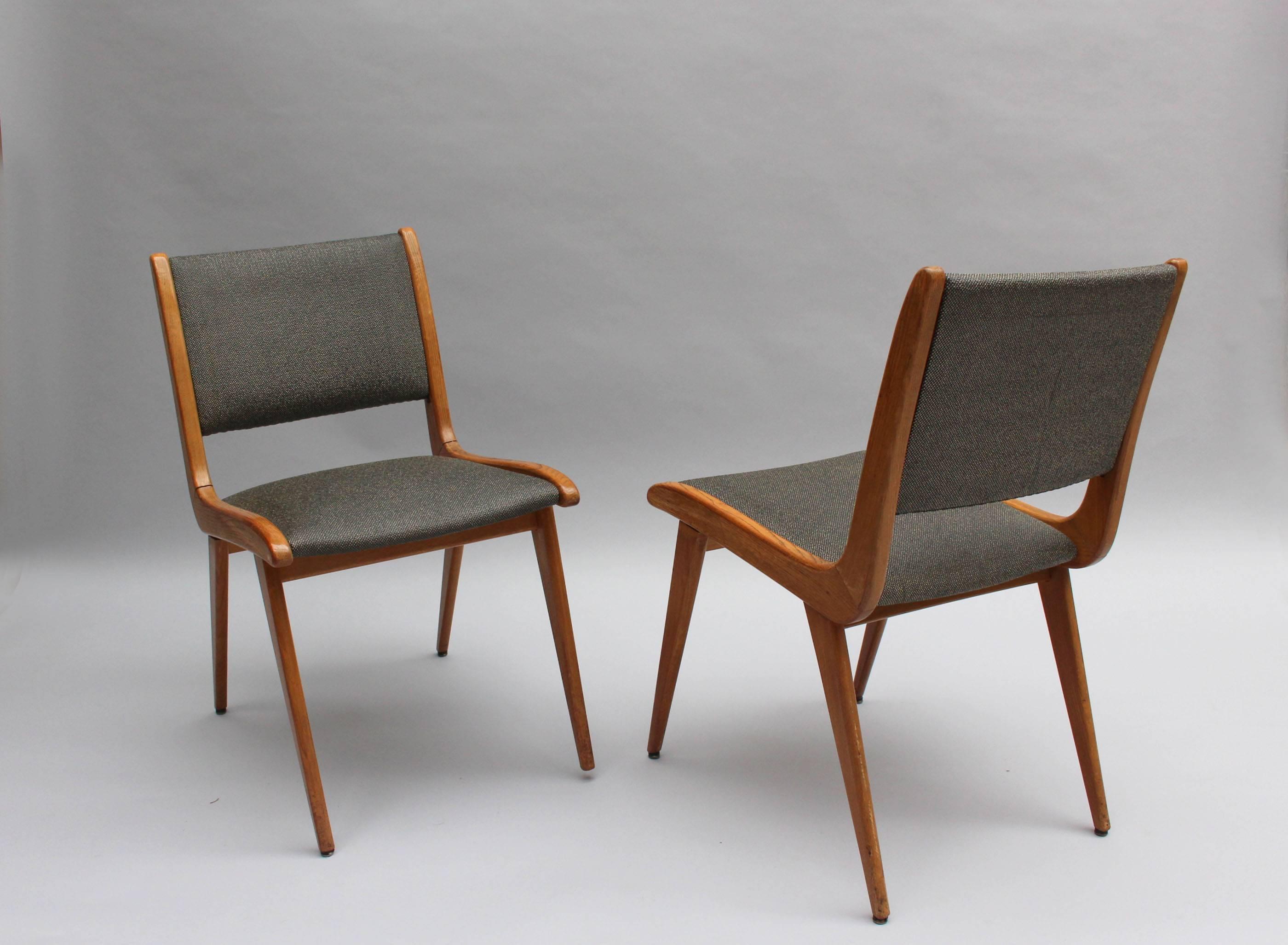 Mid-Century Modern Set of 6 Fine French Mid-Century Oak Dining Chairs by Roset  For Sale