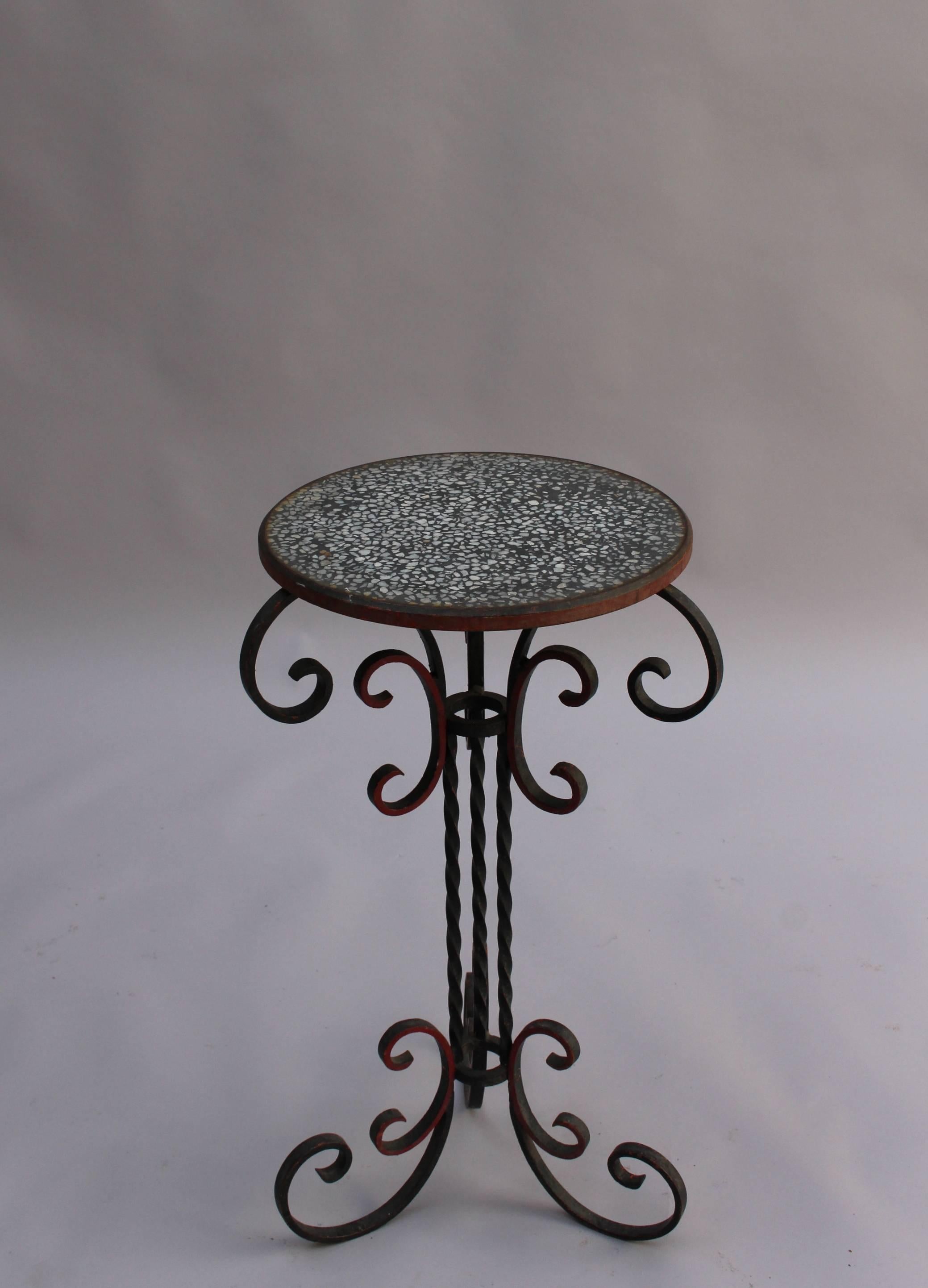 French Art Deco Wrought Iron and Terrazzo Side Table 2