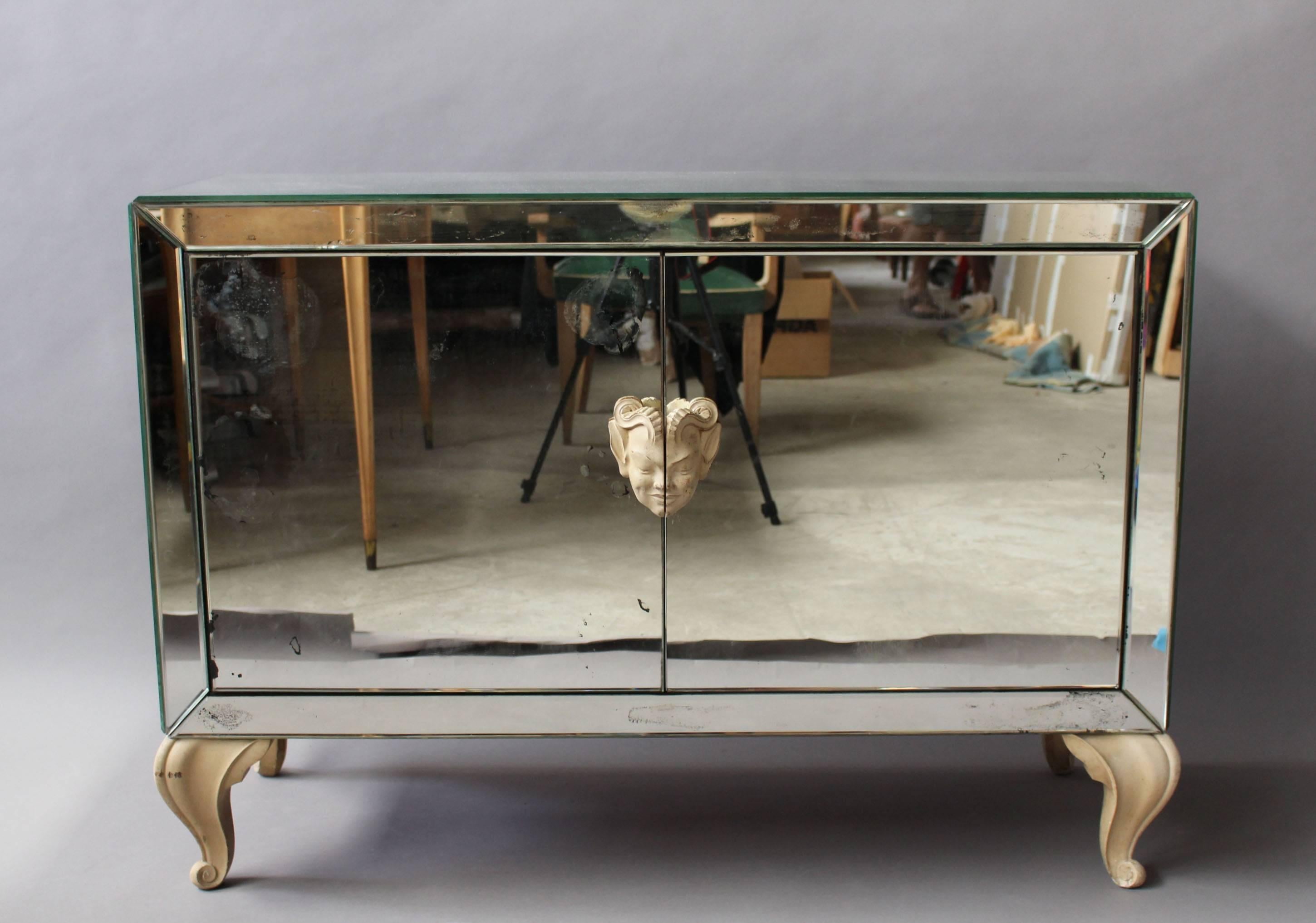 Painted Fine French Art Deco Mirrored Buffet or Commode with Wooden Legs and Handles For Sale