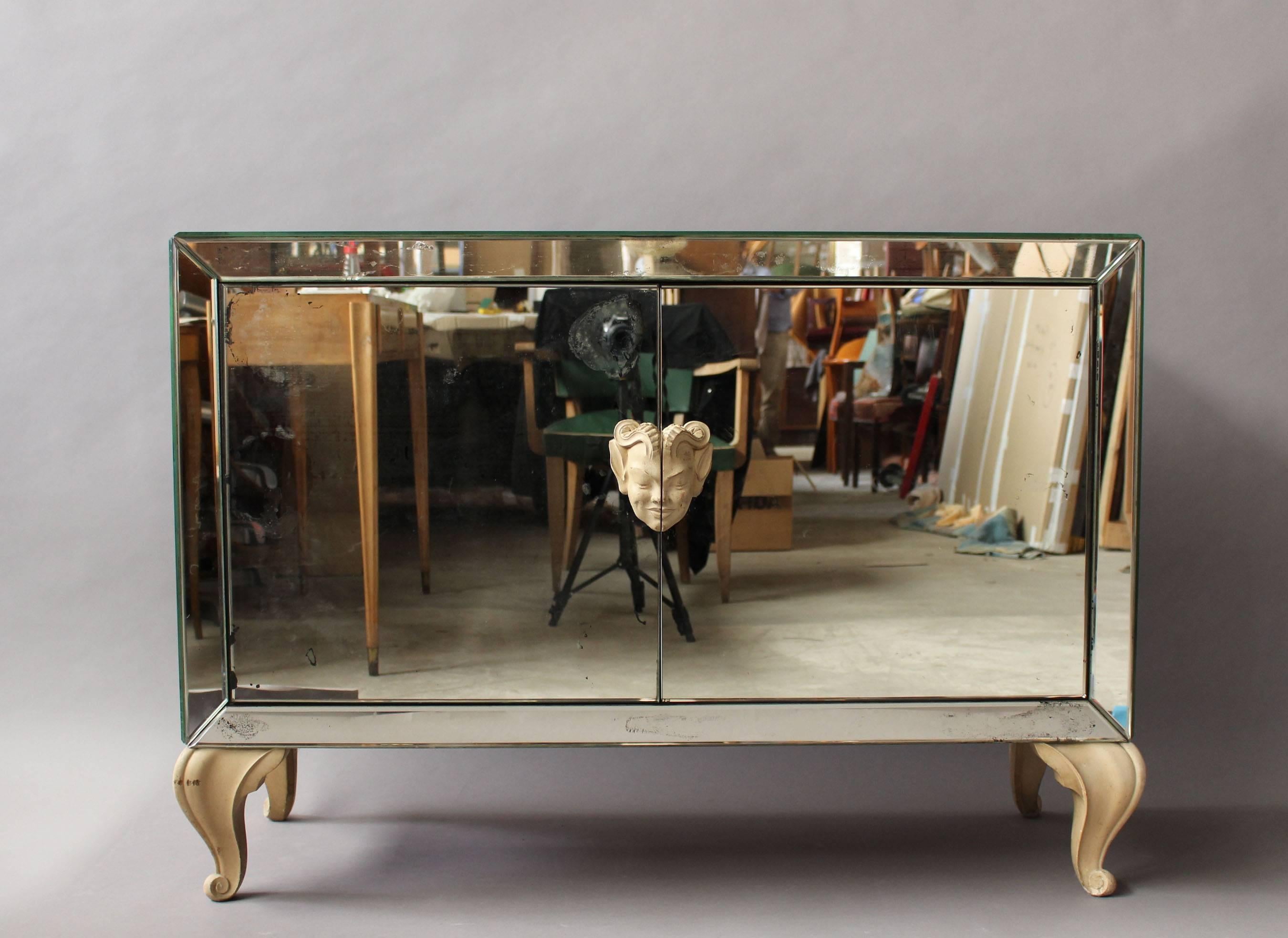 Fine French Art Deco Mirrored Buffet or Commode with Wooden Legs and Handles In Good Condition For Sale In Long Island City, NY