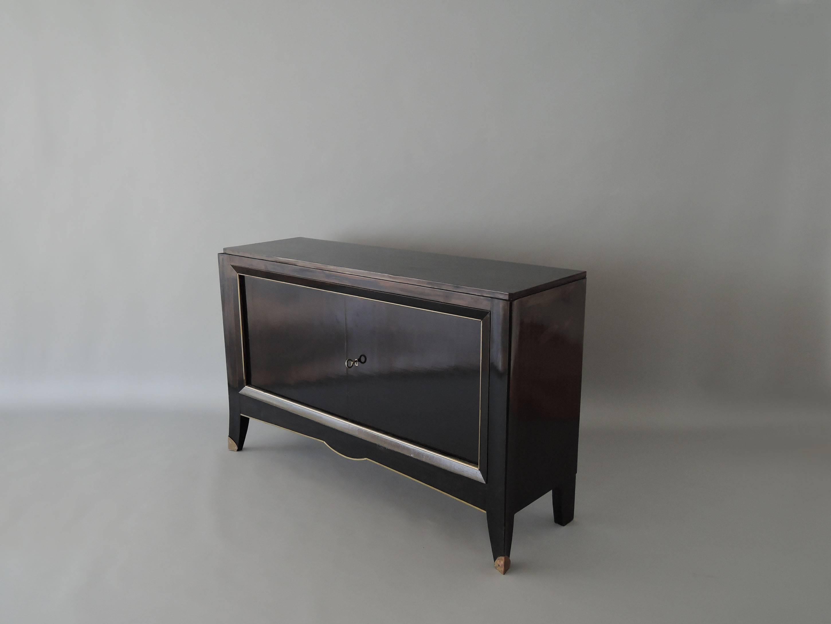 Mid-20th Century French Art Deco Black Lacquered Two Door Buffet/Commode with Bronze Details 