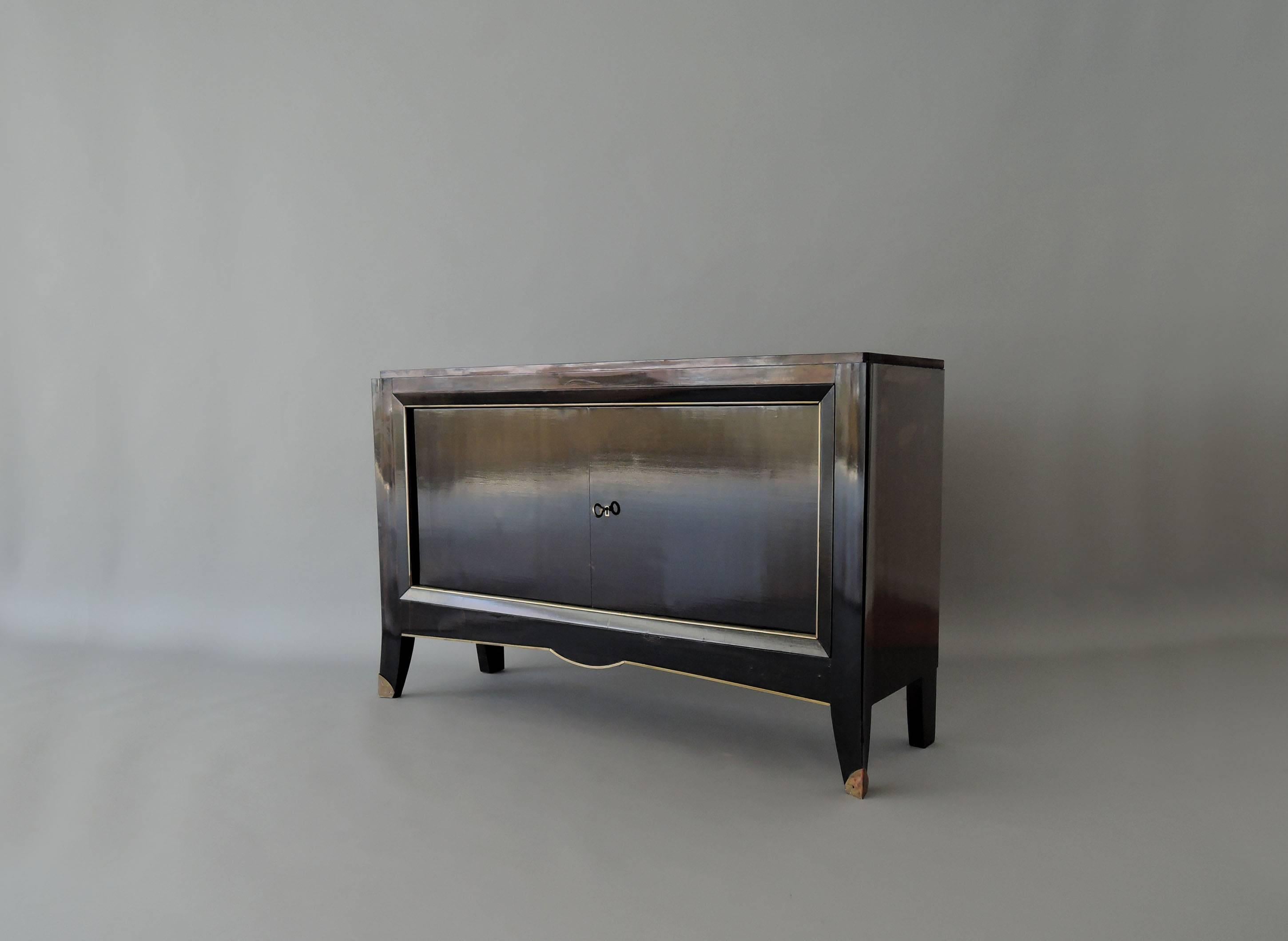 French Art Deco Black Lacquered Two Door Buffet/Commode with Bronze Details  In Good Condition In Long Island City, NY
