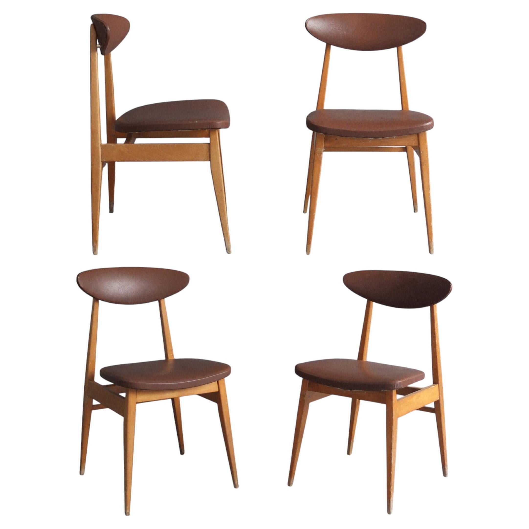 4 French 1950s Dining / Side Beech Chairs