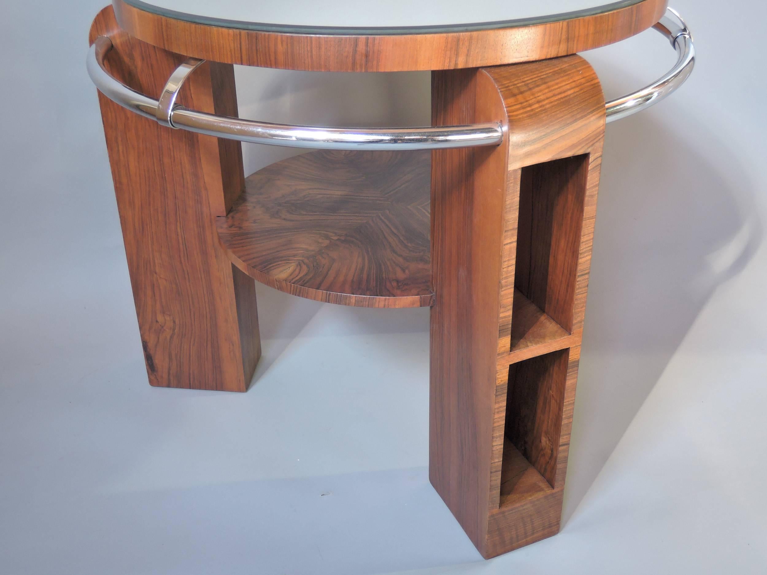 Mid-20th Century A Fine French Art Deco Walnut and Chrome Two-Tiered Gueridon For Sale