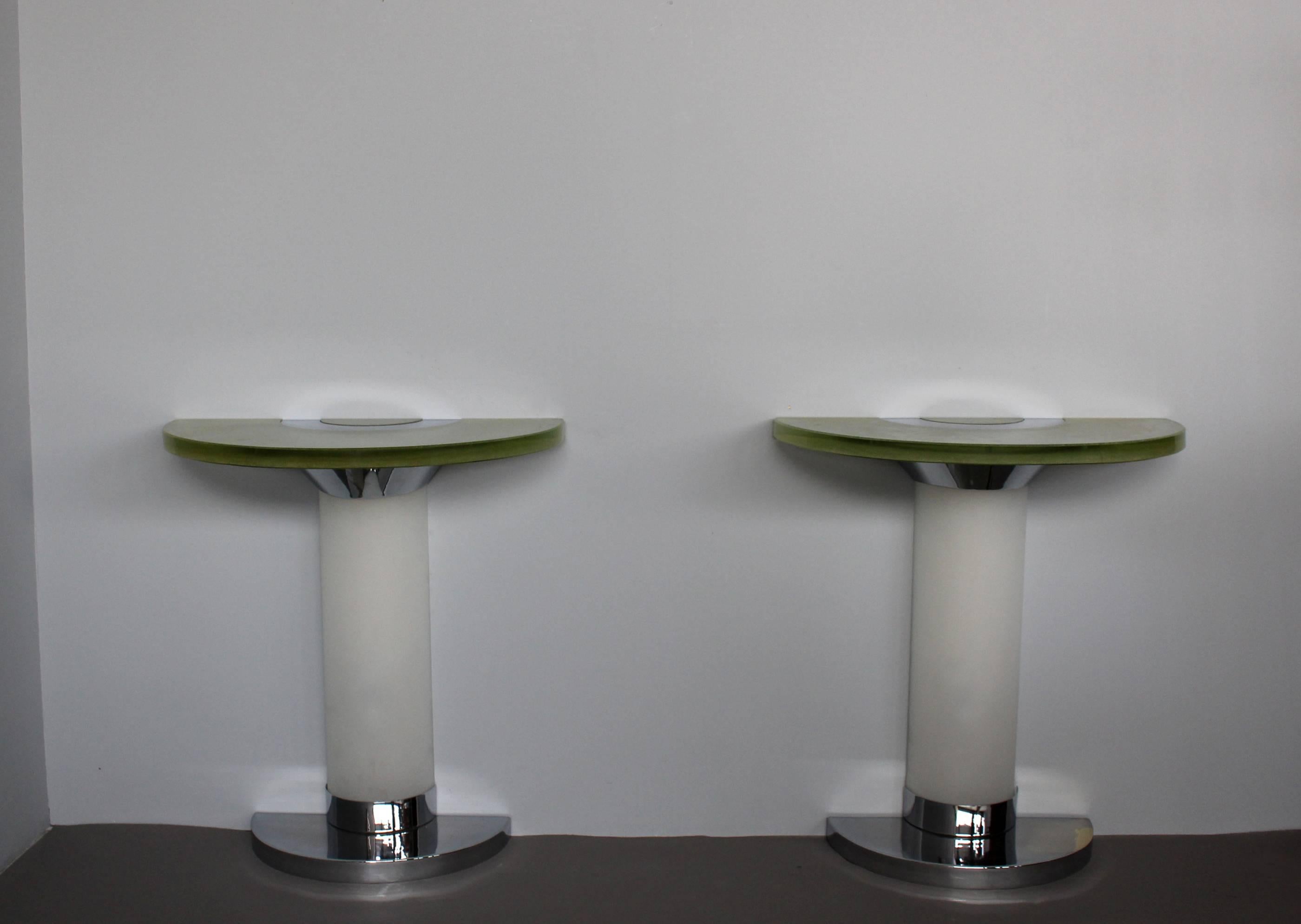 Rare pair of vintage French Art Deco glass and chrome demi-lune console tables by Jean Perzel with their original Saint Gobain glass tops.