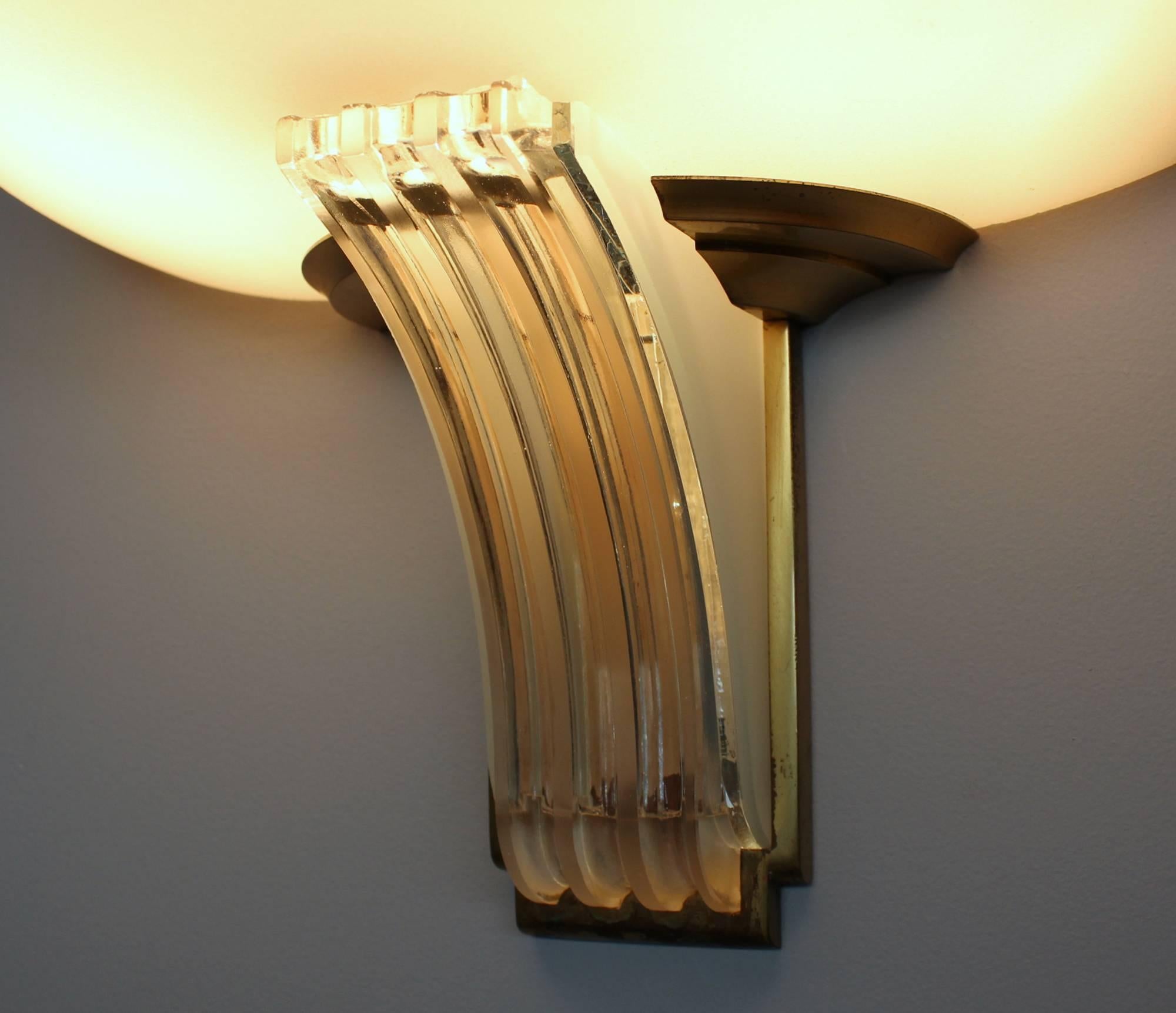 Pair of Fine French Art Deco Glass Sconces by Jean Perzel 2