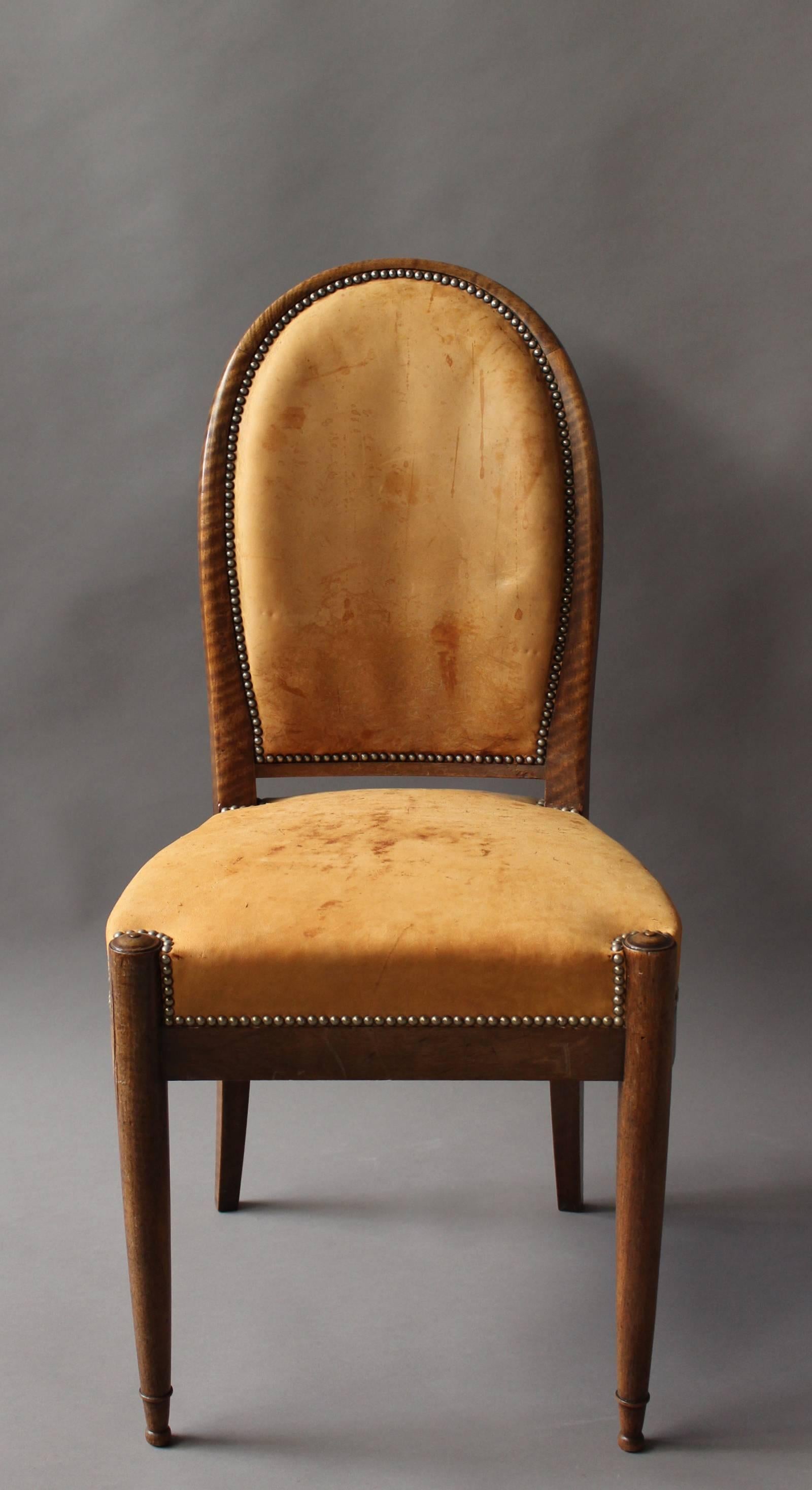 Set of 6 Fine French Art Deco Walnut Dining / Side Chairs In Good Condition In Long Island City, NY